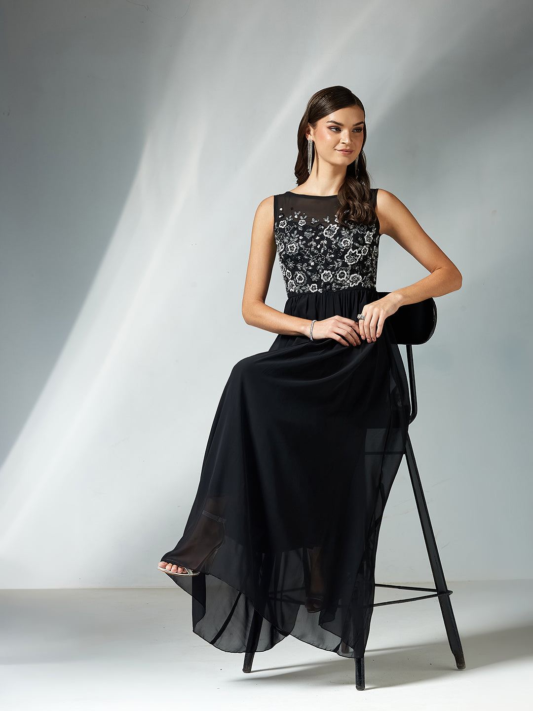 Women's Black Boat Neck Sleeveless Solid Embellished Maxi Dress