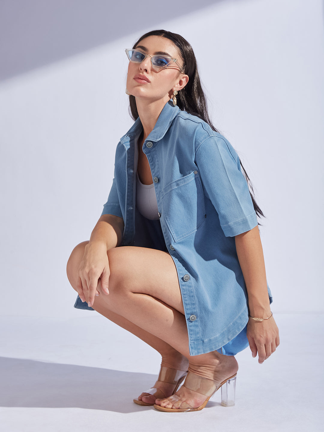 Women's Light Blue Shirt Collar Half Sleeve Asymmetrical Panelled Regular-Length Denim Shirt
