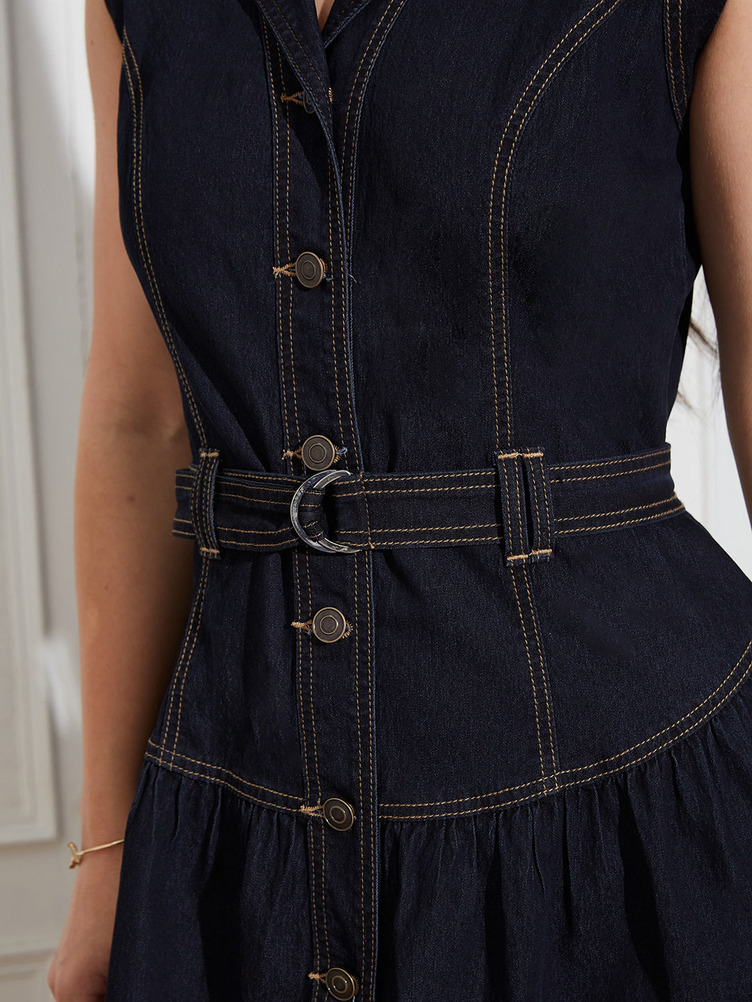 Women's Dark Blue Notched-Collar Sleeveless Solid Drop Waist Maxi-Length Light Weight Denim Shirt Dress
