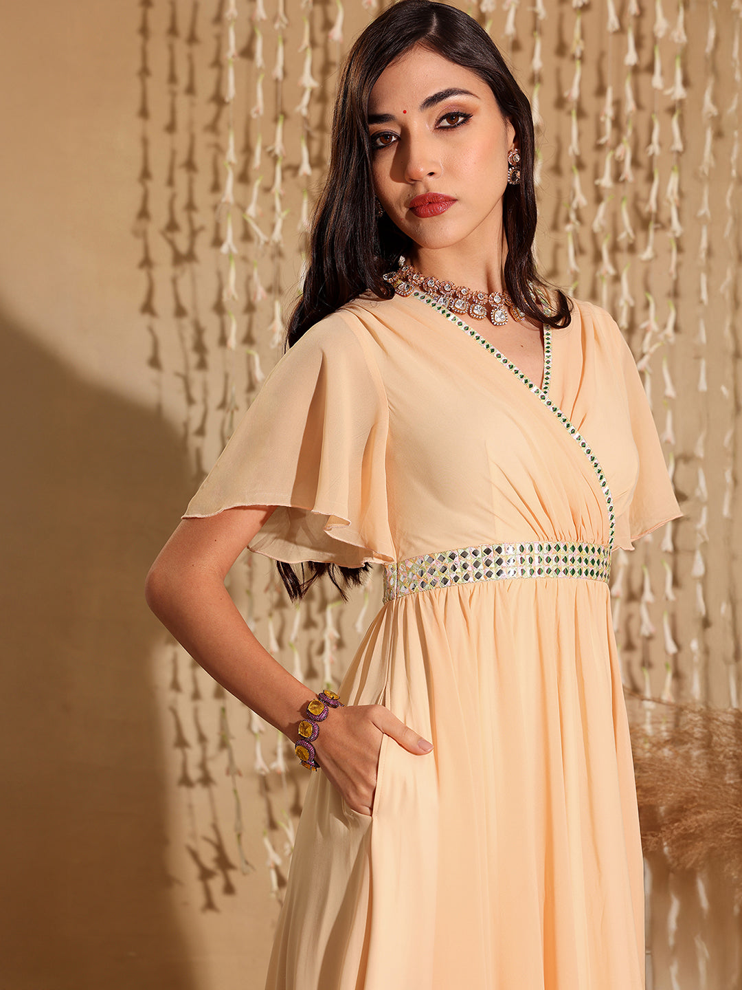 Women's Peach V-Neck Flared/ Bell Sleeves Georgette Solid Fit & Flare Maxi Dress
