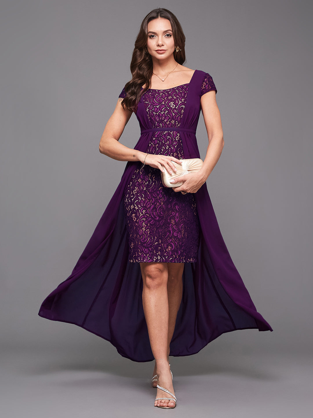 Dark Purple Cap Sleeves Sequinned Maxi Dress Gown Frock with Cape for Women | Ladies' Cocktail Hour Edit