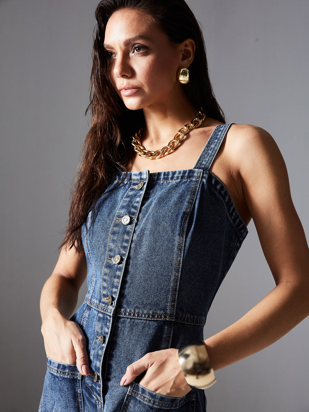 Women's Navy Blue Slim Midi Denim Dress