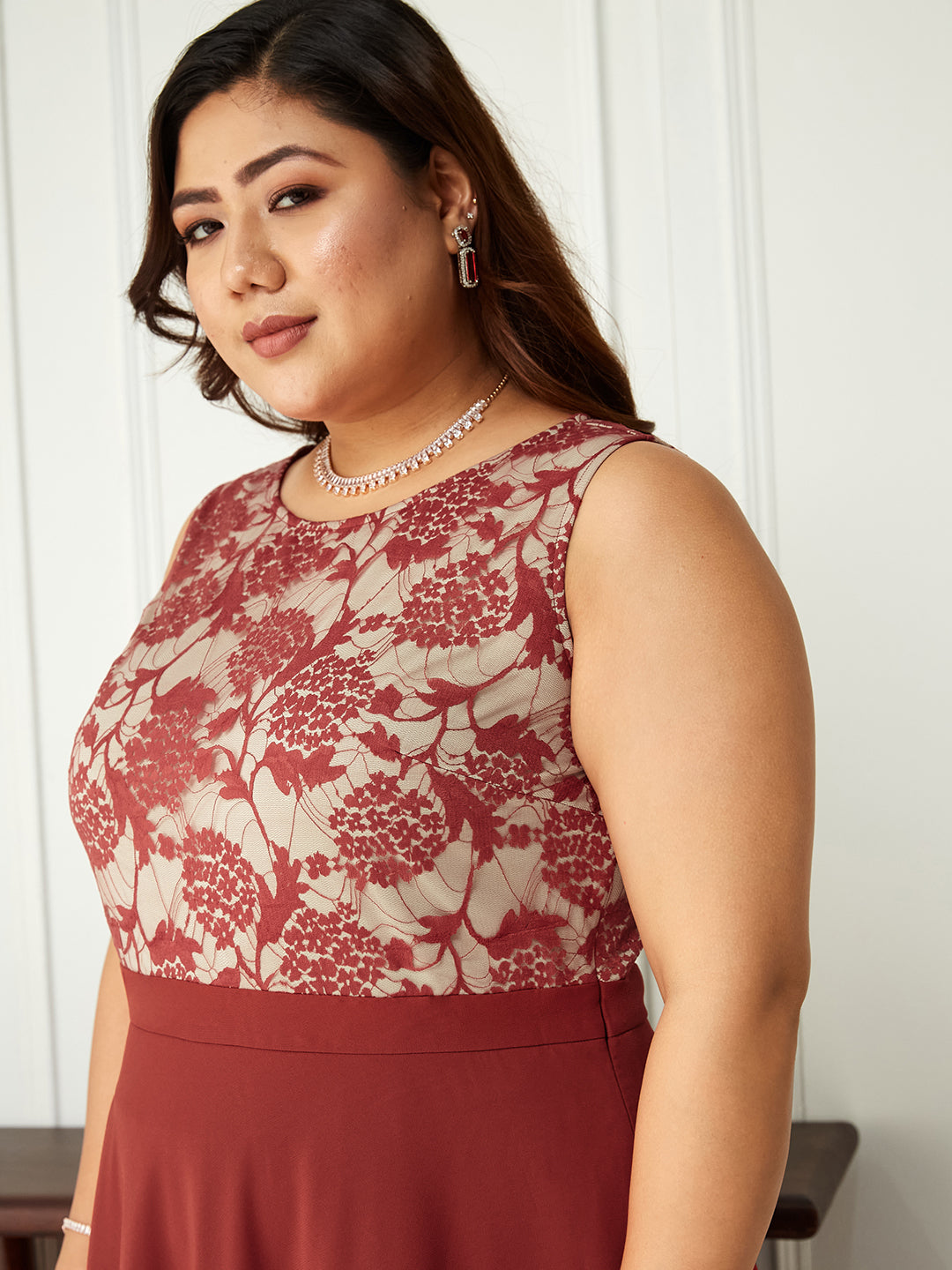 Brick Red & Dusty Green Sleeveless Fit and Flare Lace Dress for Women