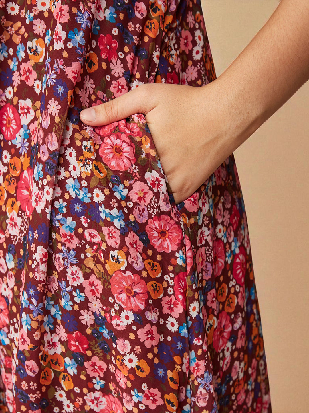 Multicolored-Base-Wine V-Neck Puff Sleeve Floral Ruching Ankle-Length Dress for Girls/Teenagers for Women — Mizuki