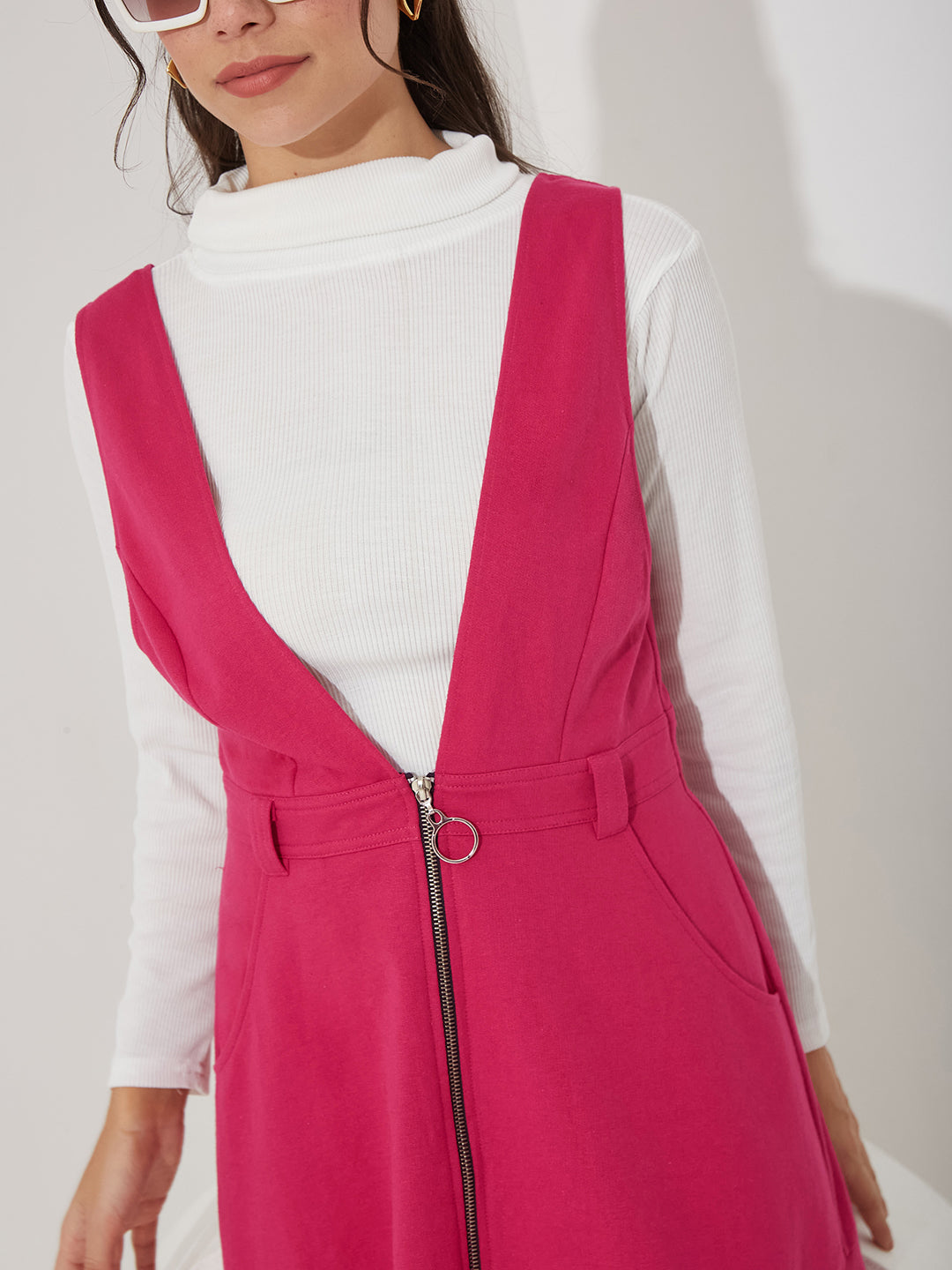 Pink Solid Polyester Pinafore Dress with Zipper Detail and Side Pockets for Women — Miss Chase