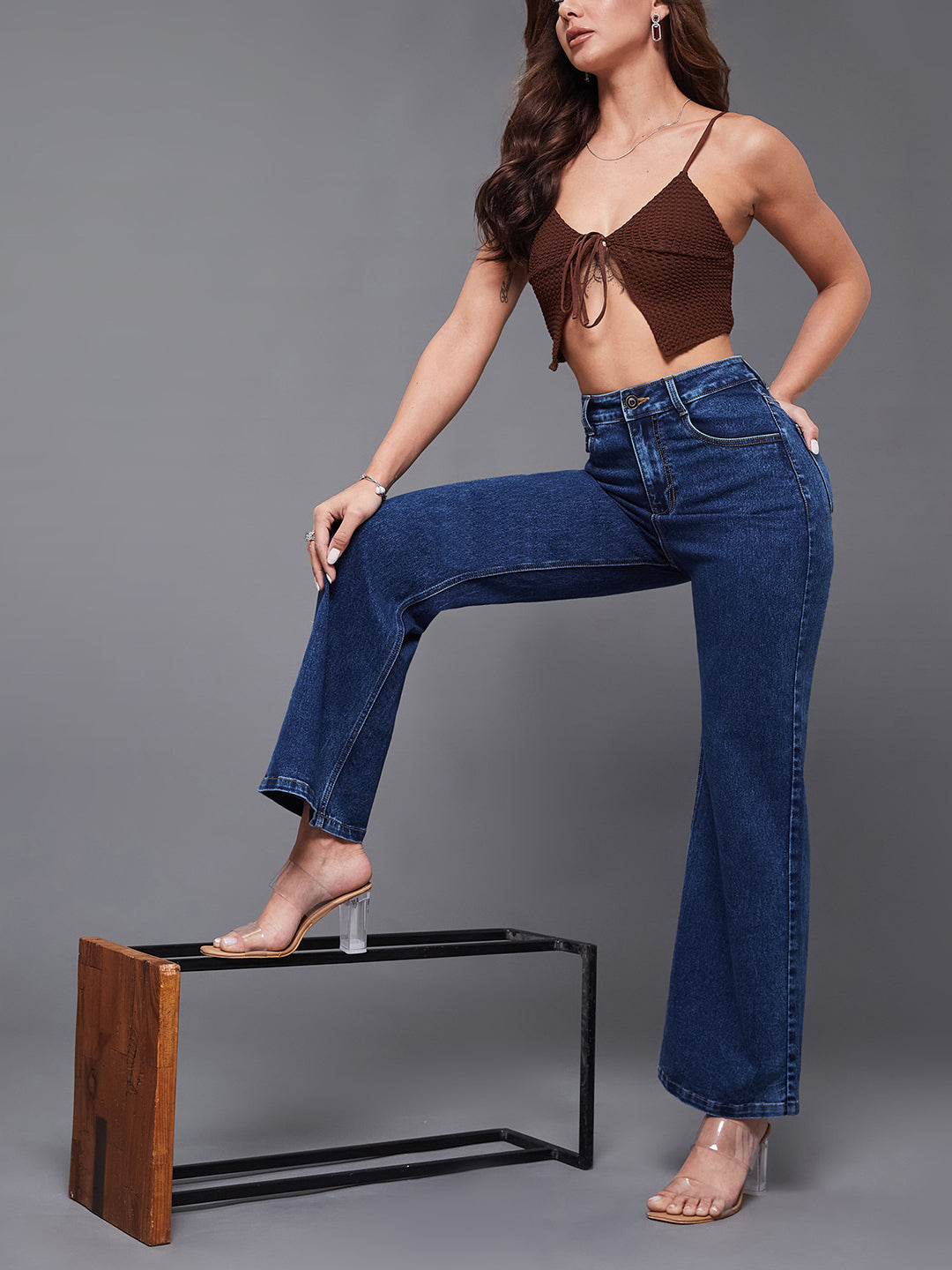 24/7 Comfort Mid-Blue Wide-Leg High-Rise Clean-Look Regular-Length Stretchable Denim Jeans