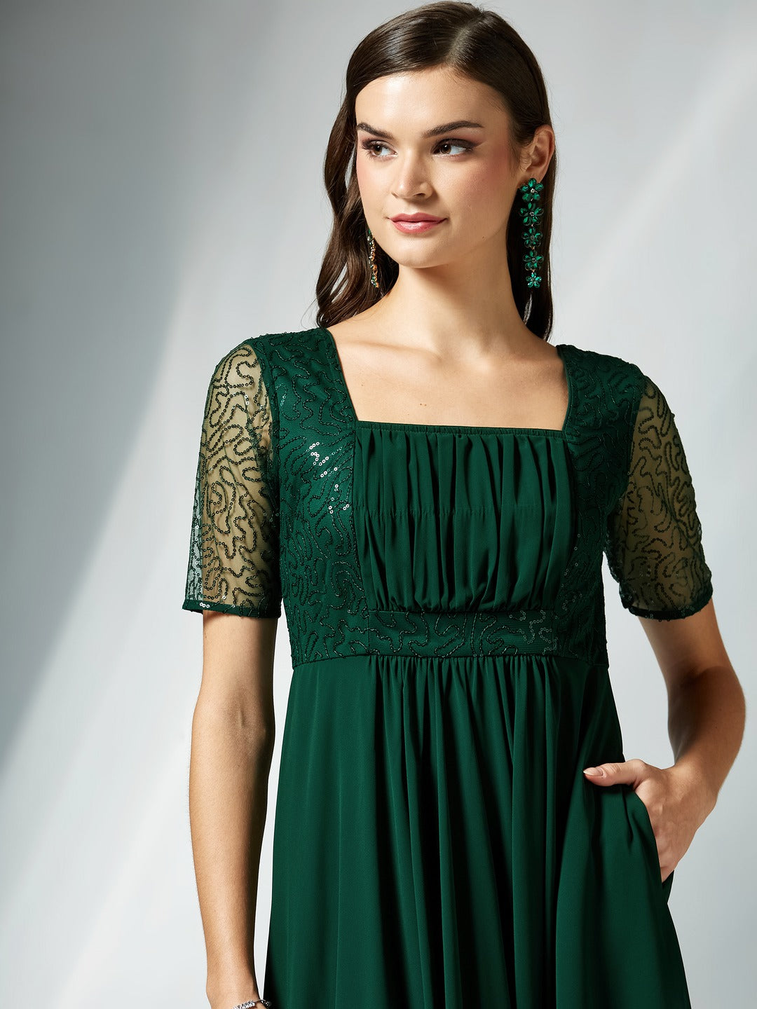 Dark Green Square Neck Half Sleeve Solid Embellished Maxi Dress for Women
