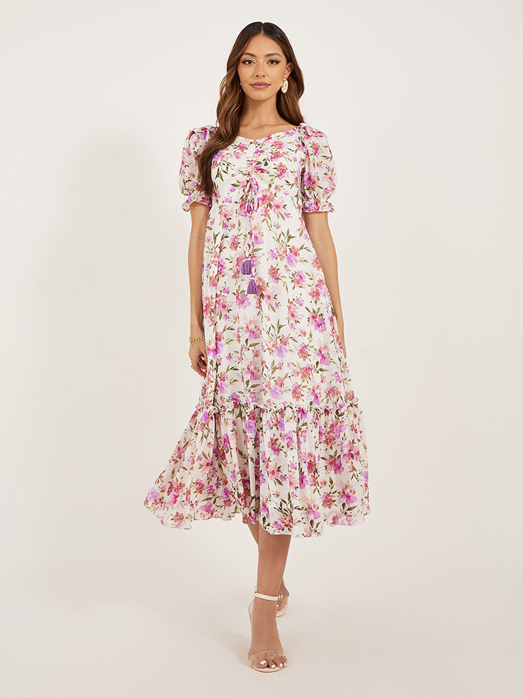 Women's Multicolored Base White Floral Sweet-heart Neck Puffed Sleeves Ruching/Tiered Georgette Maxi Dress