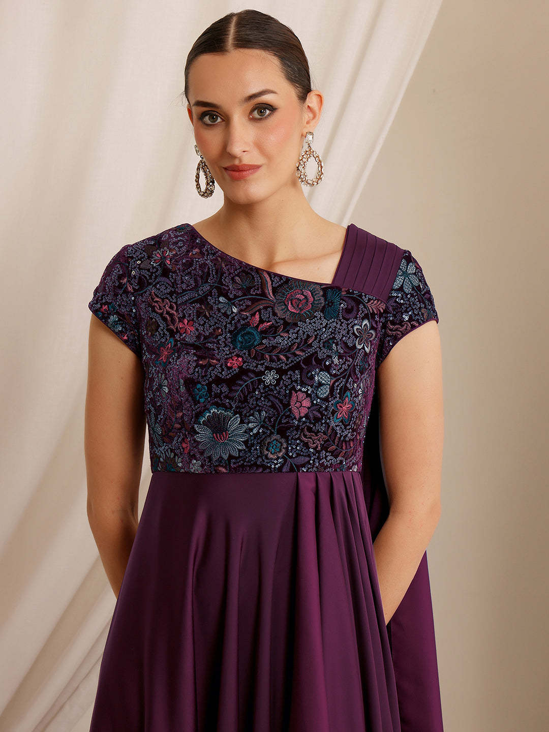 Women's Purple Asymmetric Short Sleeve Embroidered Draped Satin Maxi Dress