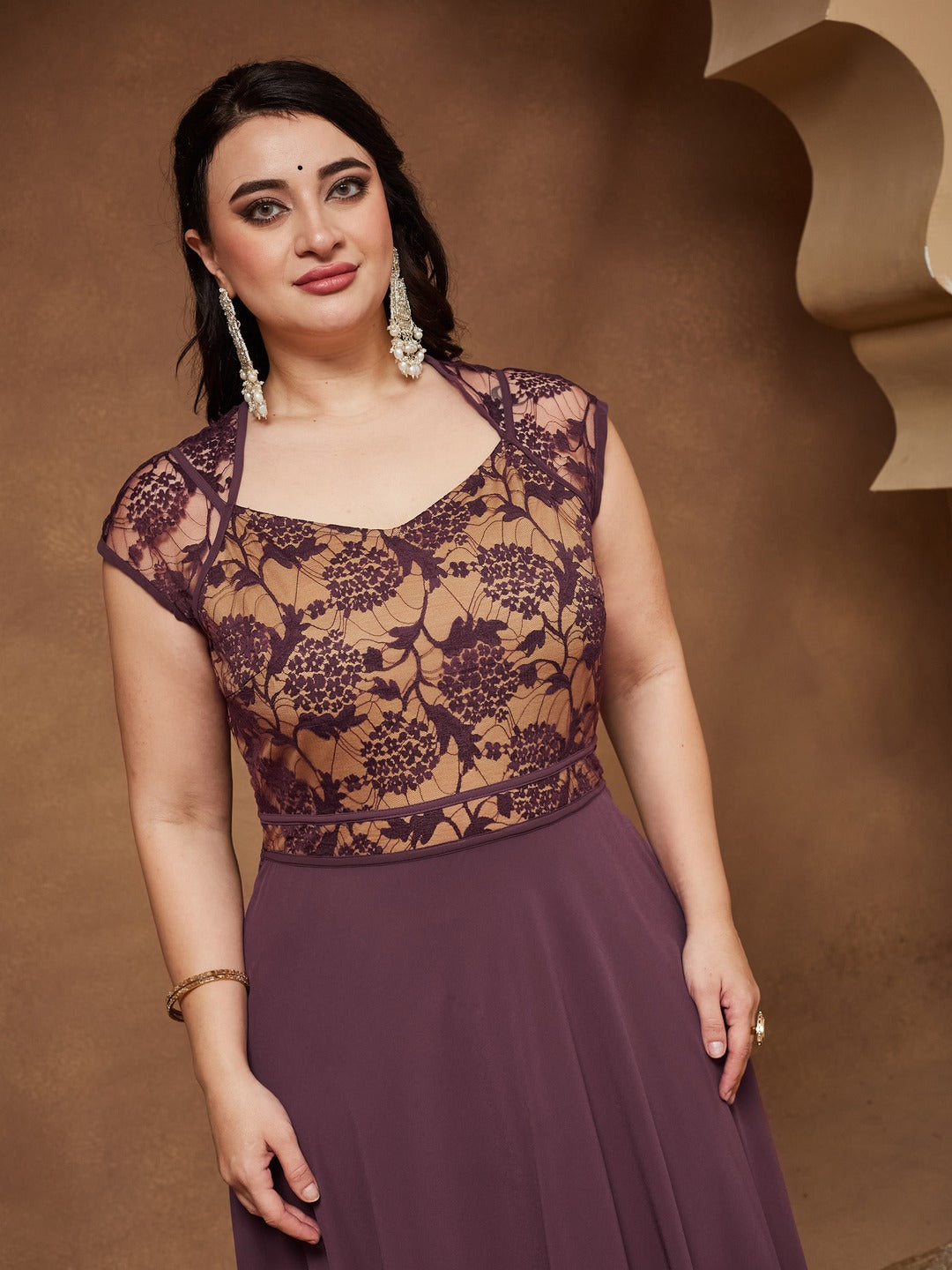 Mauve Sweetheart-Neck Raglan-Sleeve Self-Designed Fit & Flare Georgette Maxi Dress for Women