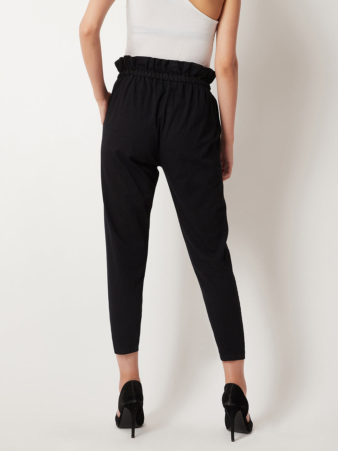 Women's Black Pleated Front High-Rise Clean-Look Ankle length Stretchable Denim Paper Bag Pants
