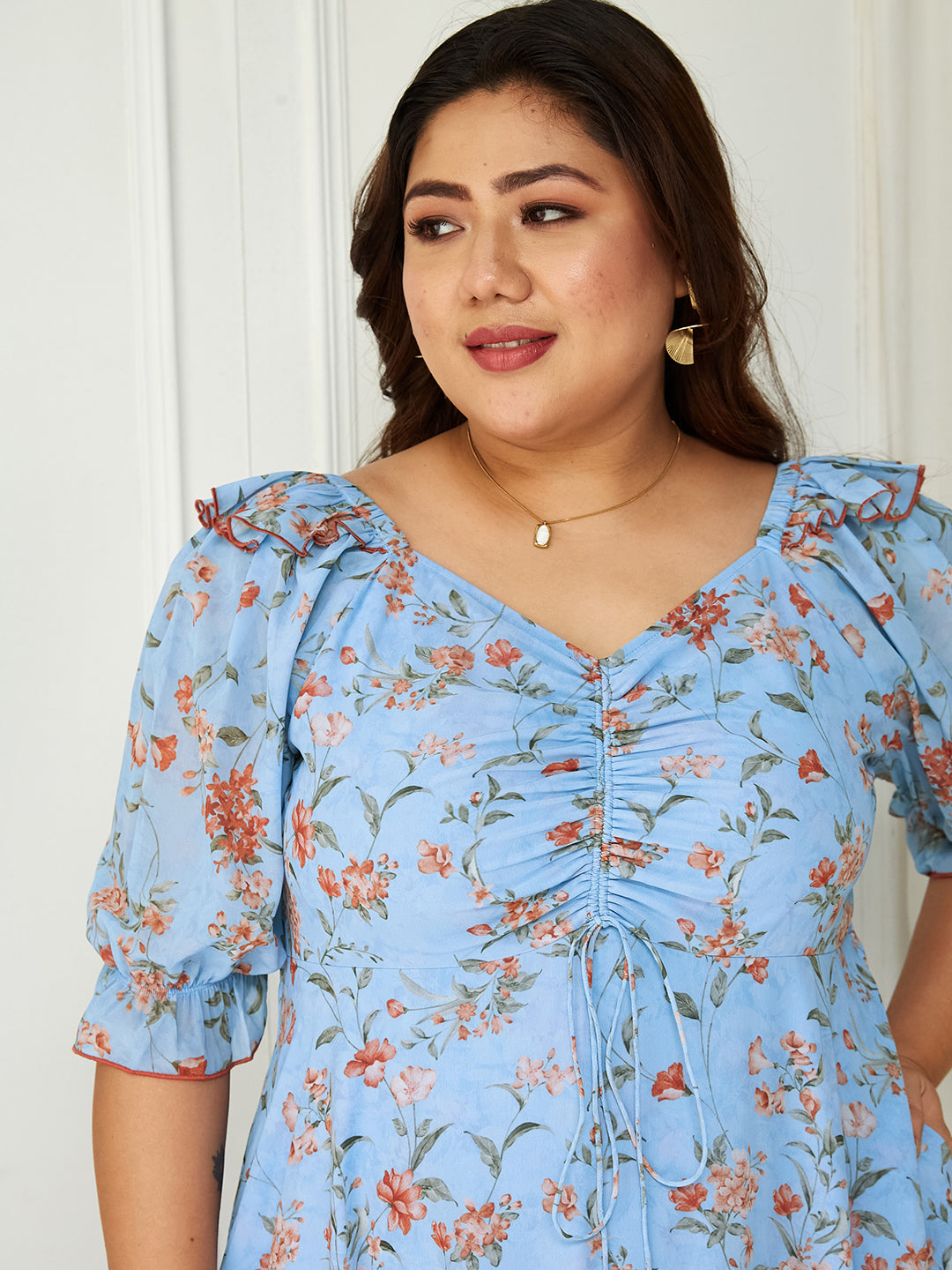 Body Bliss Multicolored-Base-Powder Blue Floral Ruching Ankle-Length Dress