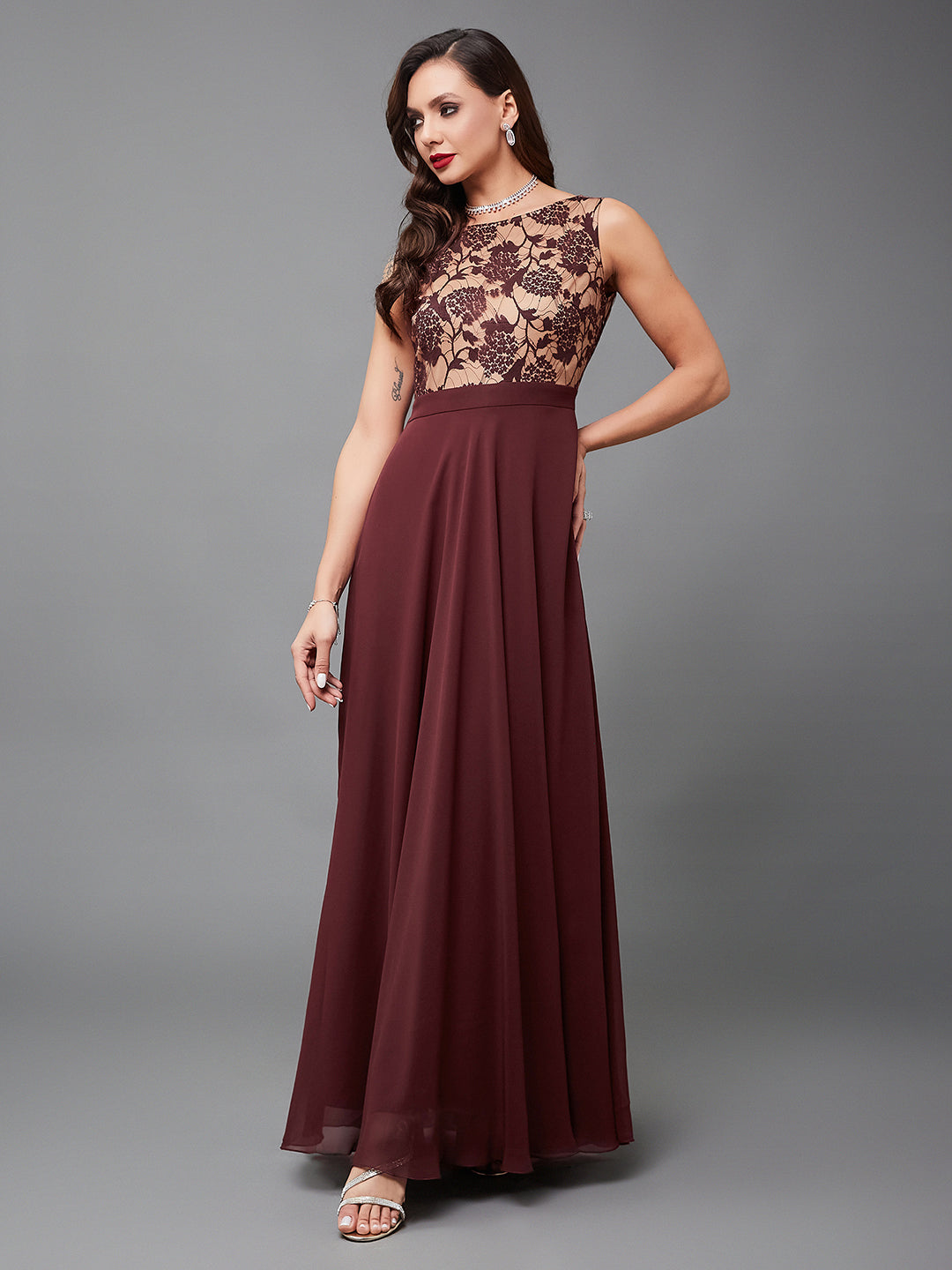 Women's Beige & Wine Round Neck Sleeveless Georgette Floral Lace Fit & Flare Maxi Dress