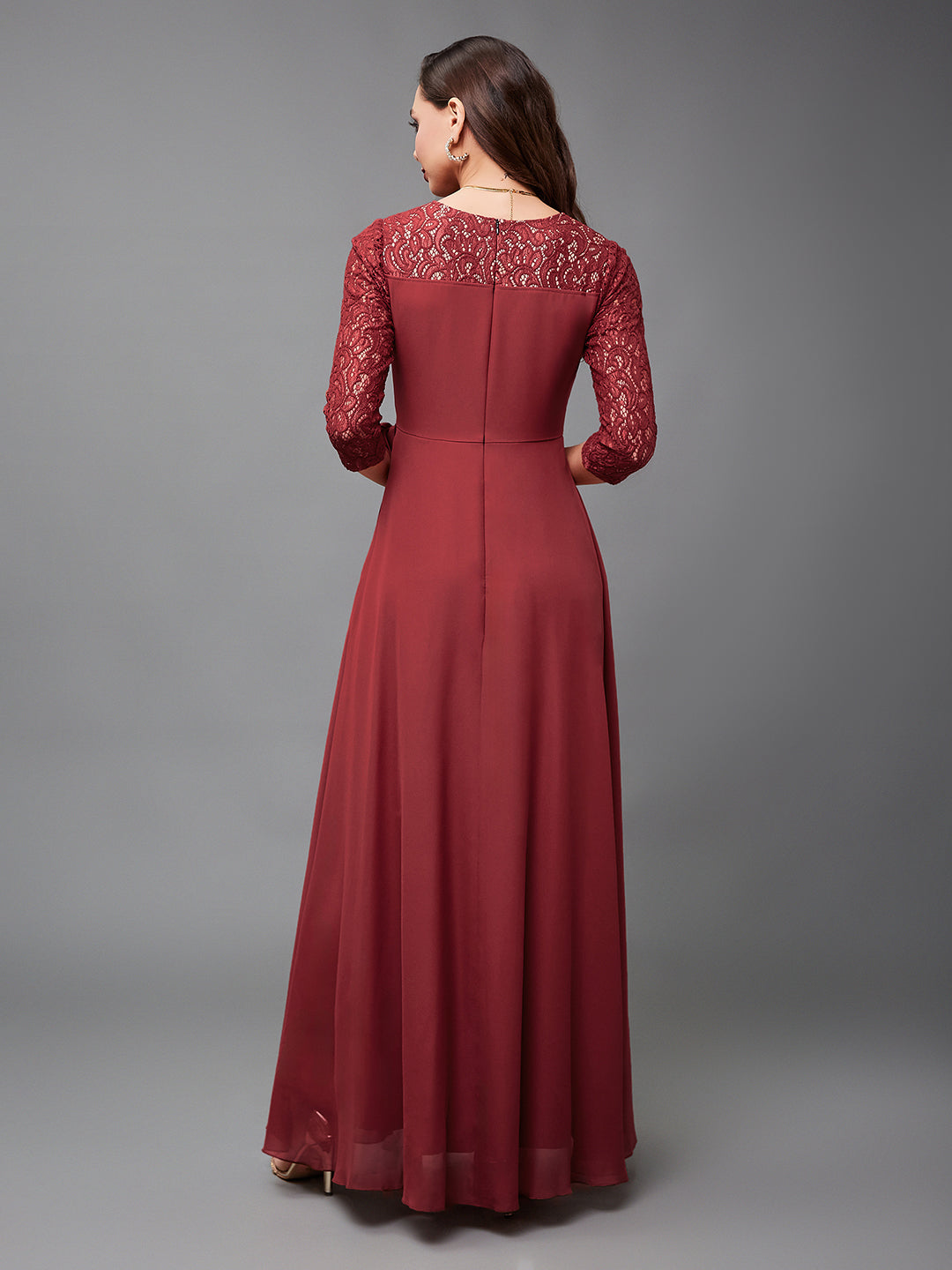 Women's Brick Red V-Neck 3/4 Sleeve Self-Designed Wrap Styled Georgette Maxi Dress