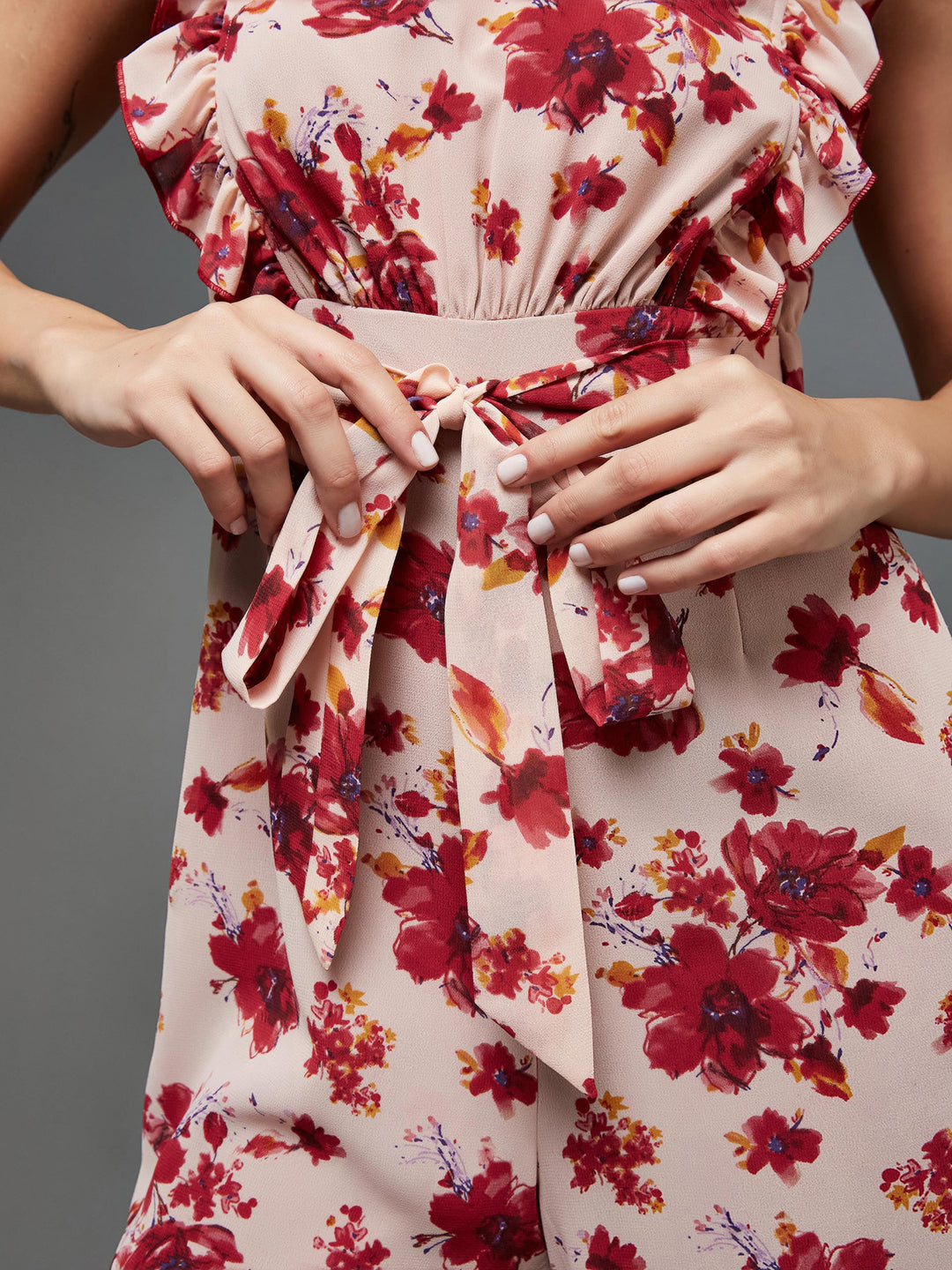 Women's Multicolored-Base-Light Pink Round neck Sleeveless Floral Wide Leg Regular Jumpsuit