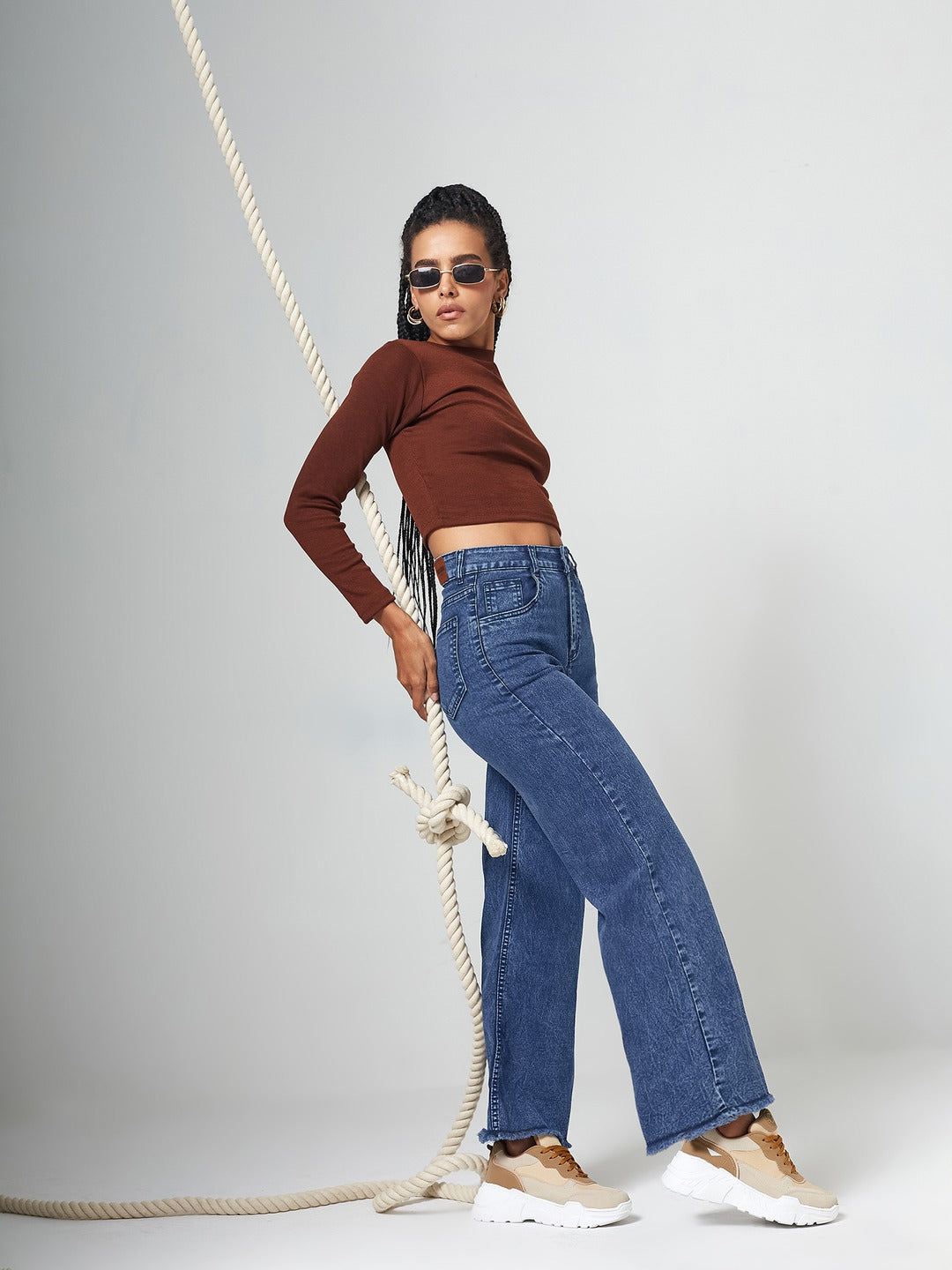 Navy-Blue Wide-Leg High Rise Regular-Length Stretchable Denim Jeans for Women