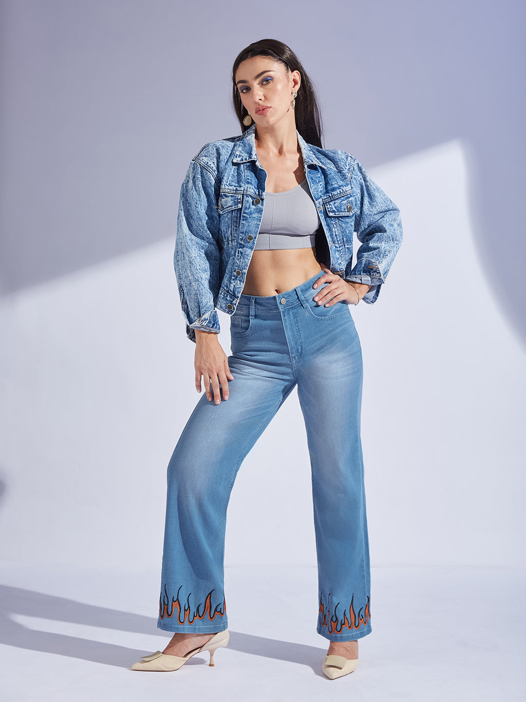 Women's Light Blue Straight Fit Mid Rise Hand Painted Stretchable Denim Jeans