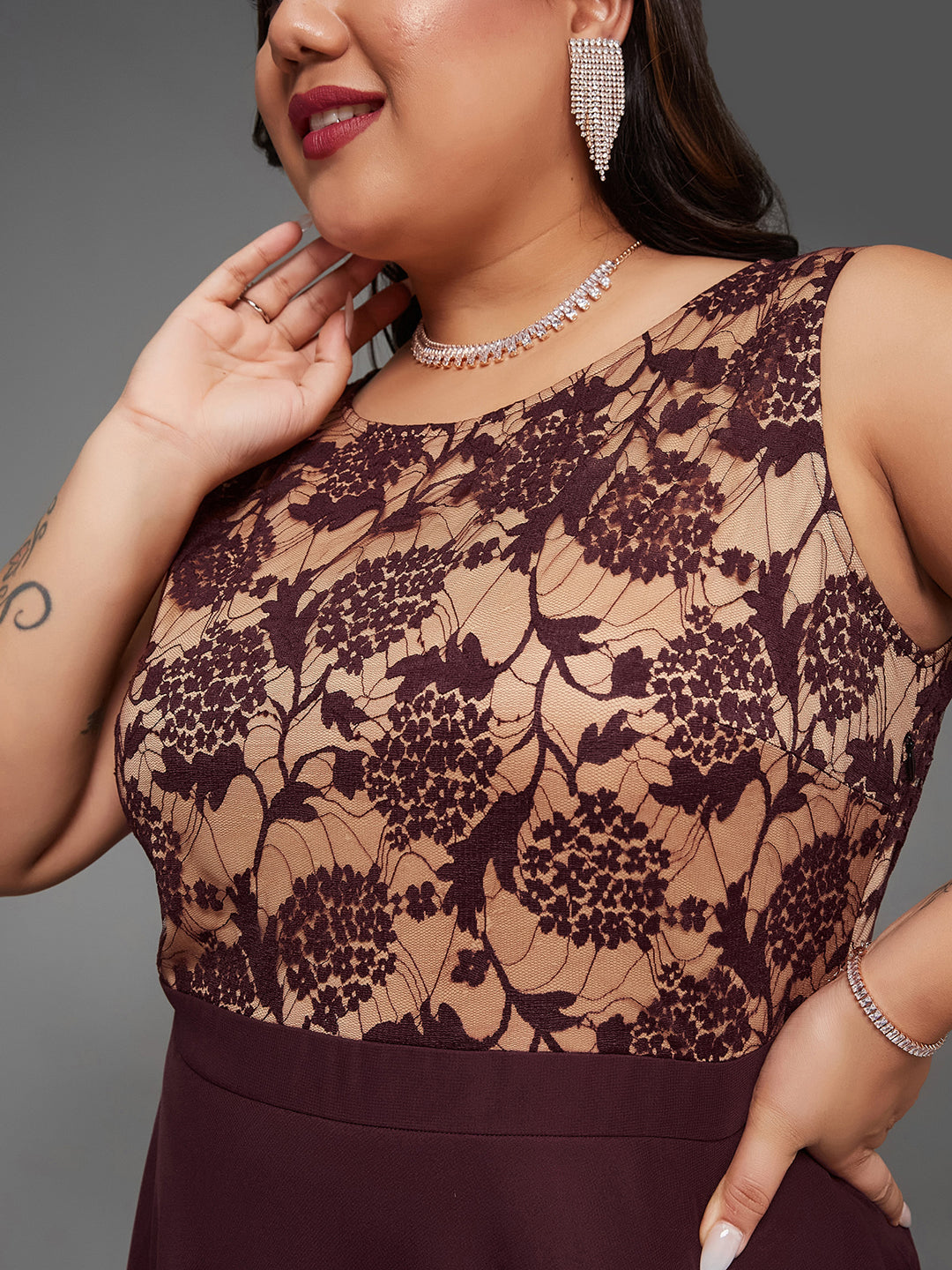Body Bliss Beige & Wine Georgette Floral Lace Fit & Flare Maxi Dress