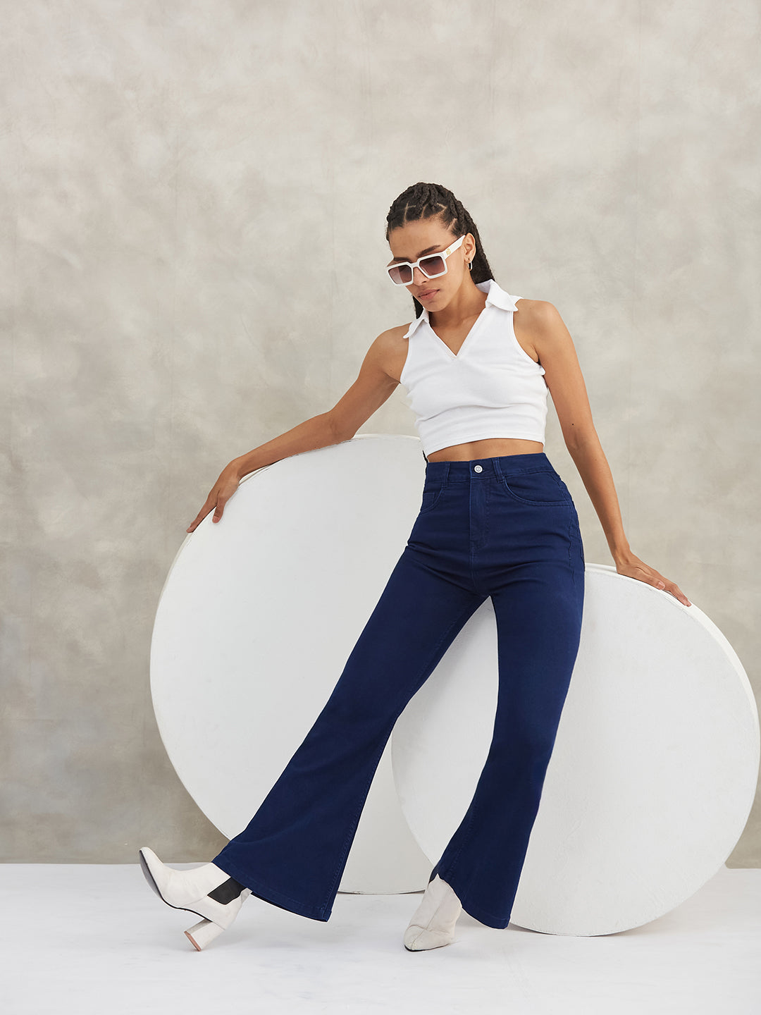 Women's Navy Blue Bootcut High-Rise Stretchable Shaping Denim Jeans