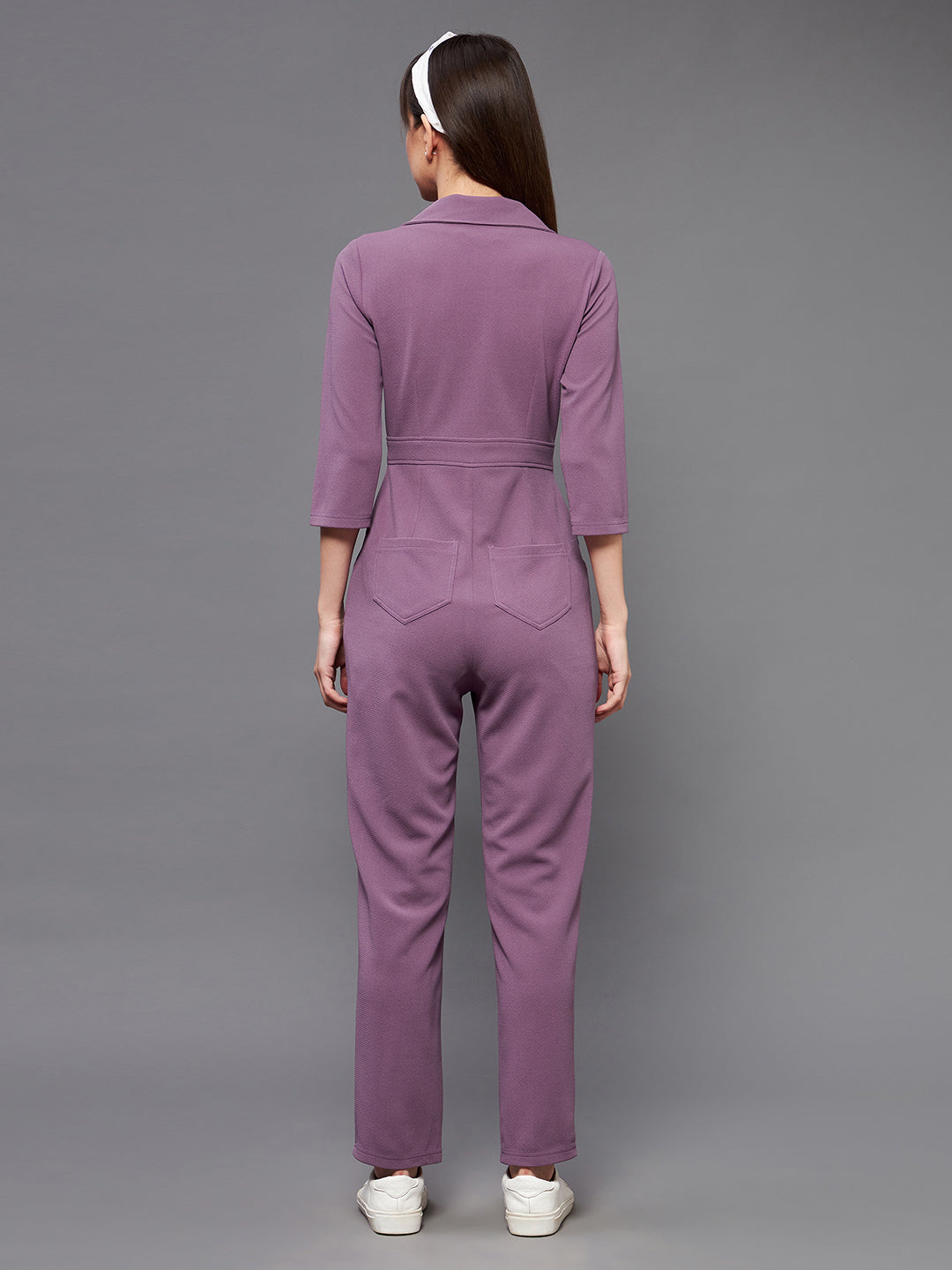 Crease Ease Women's Dark Lavender Collared 3/4 Sleeve Solid Straight Leg Regular Jumpsuit
