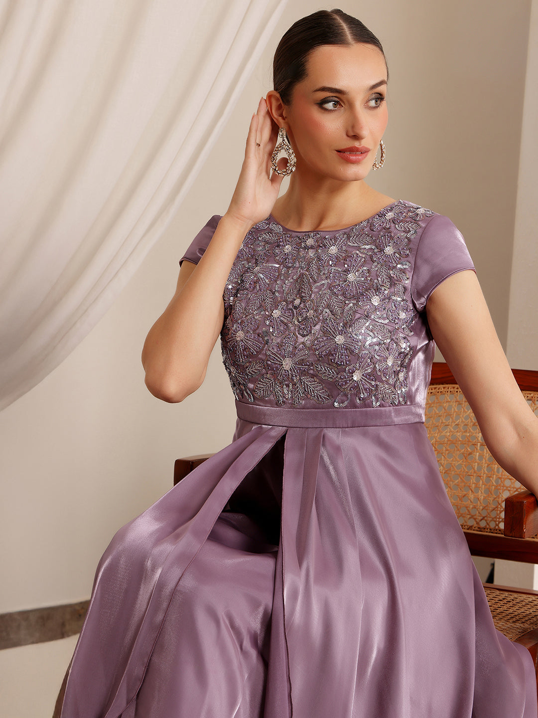 Women's Dusty Purple Round Neck Short Sleeve Embroidered Layered Satin Maxi Dress