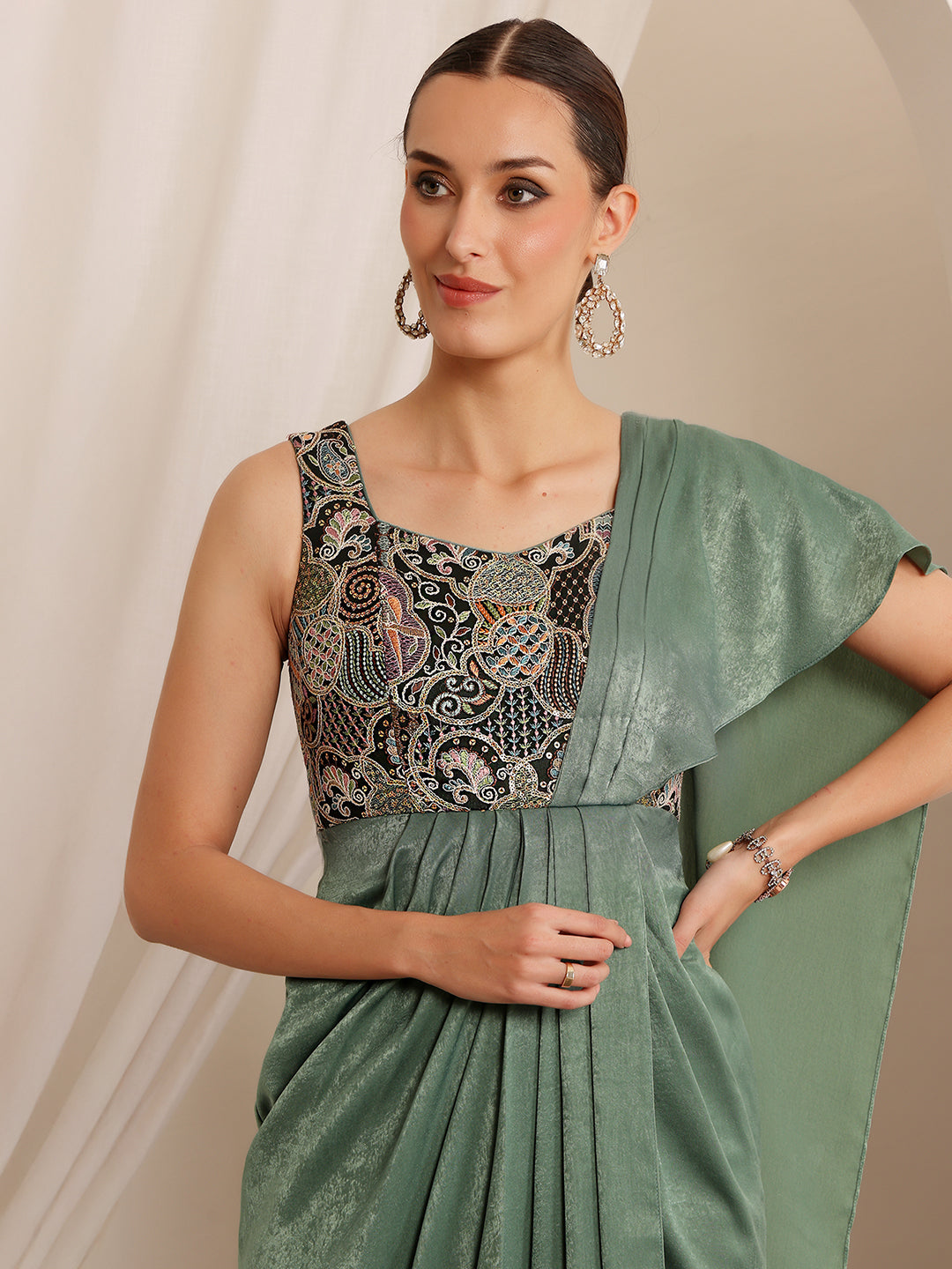 Tota Mirage Sage Green Embroidered Satin Maxi Dress