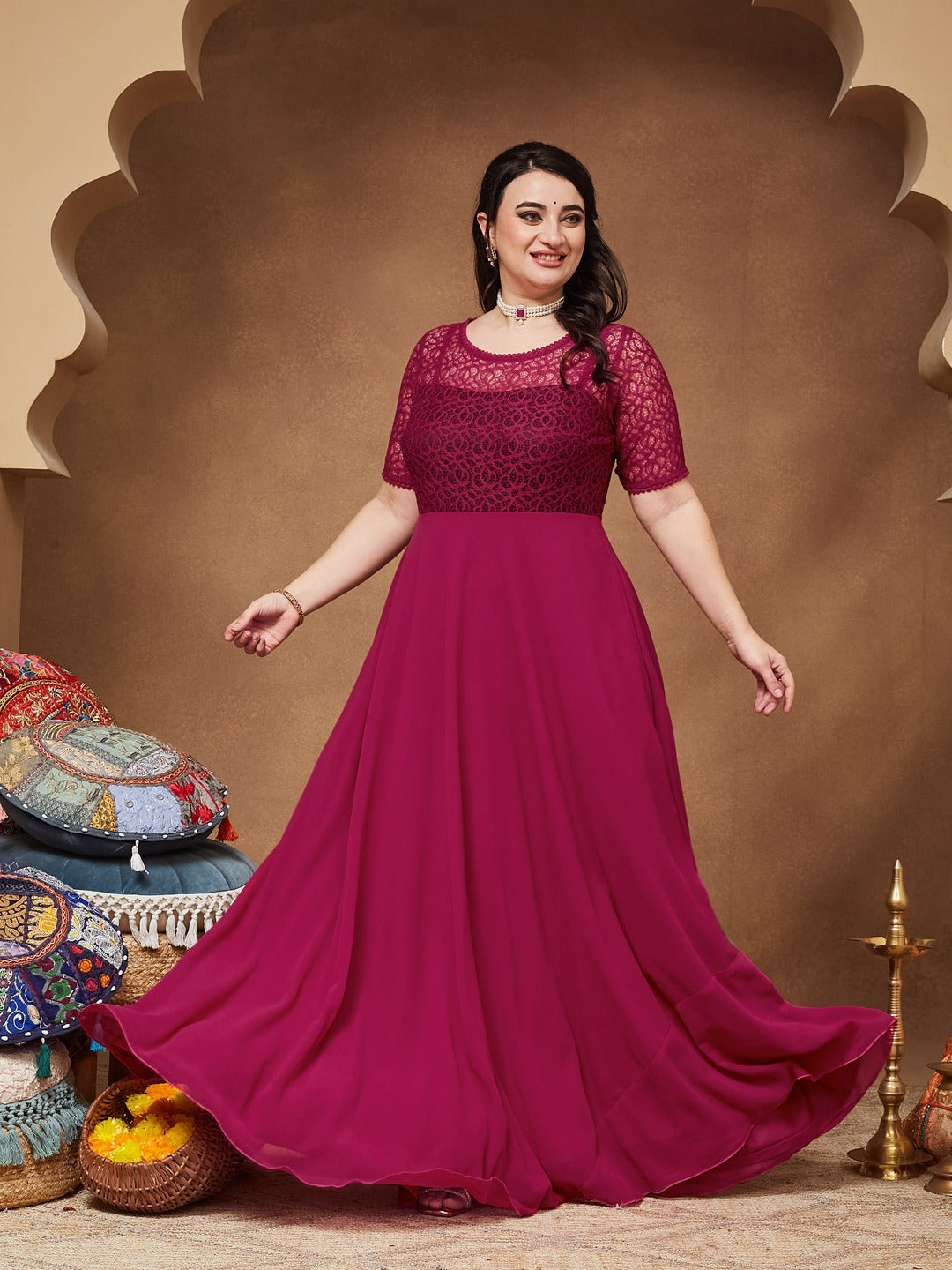 Dark Pink Round neck Half Sleeve Solid Lace Overlaid Maxi Dress for Women — Miss Chase A+