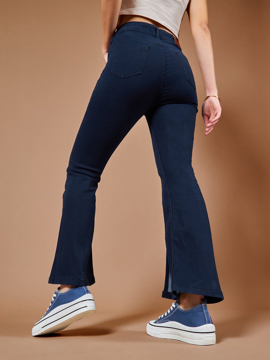 24/7 Comfort Navy-Blue Bell-Bottom Bootcut High-Rise Stretchable Slit Denim Jeans
