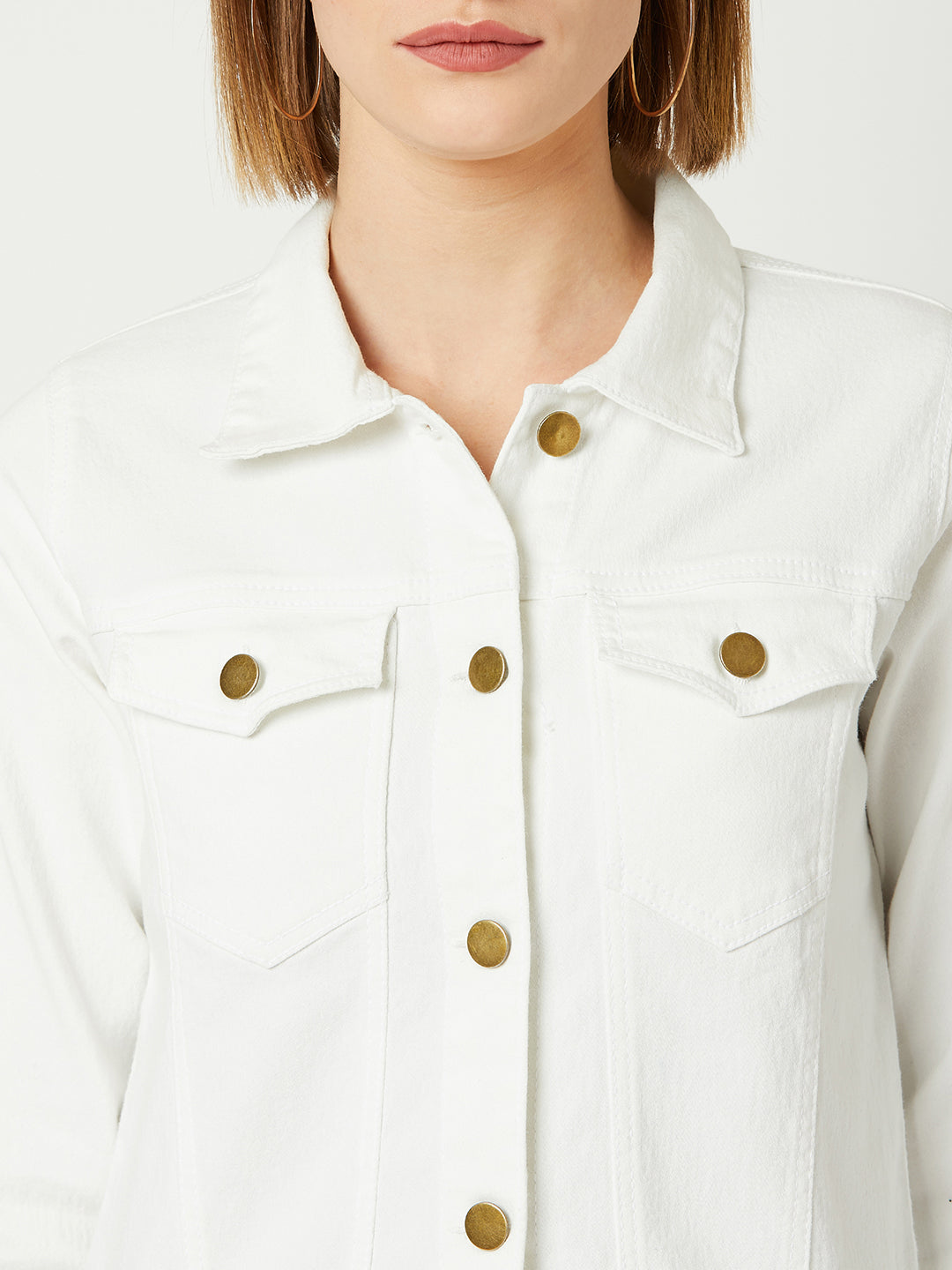 White Polo Neck Full Sleeves Denim Solid Cropped Jacket for Women