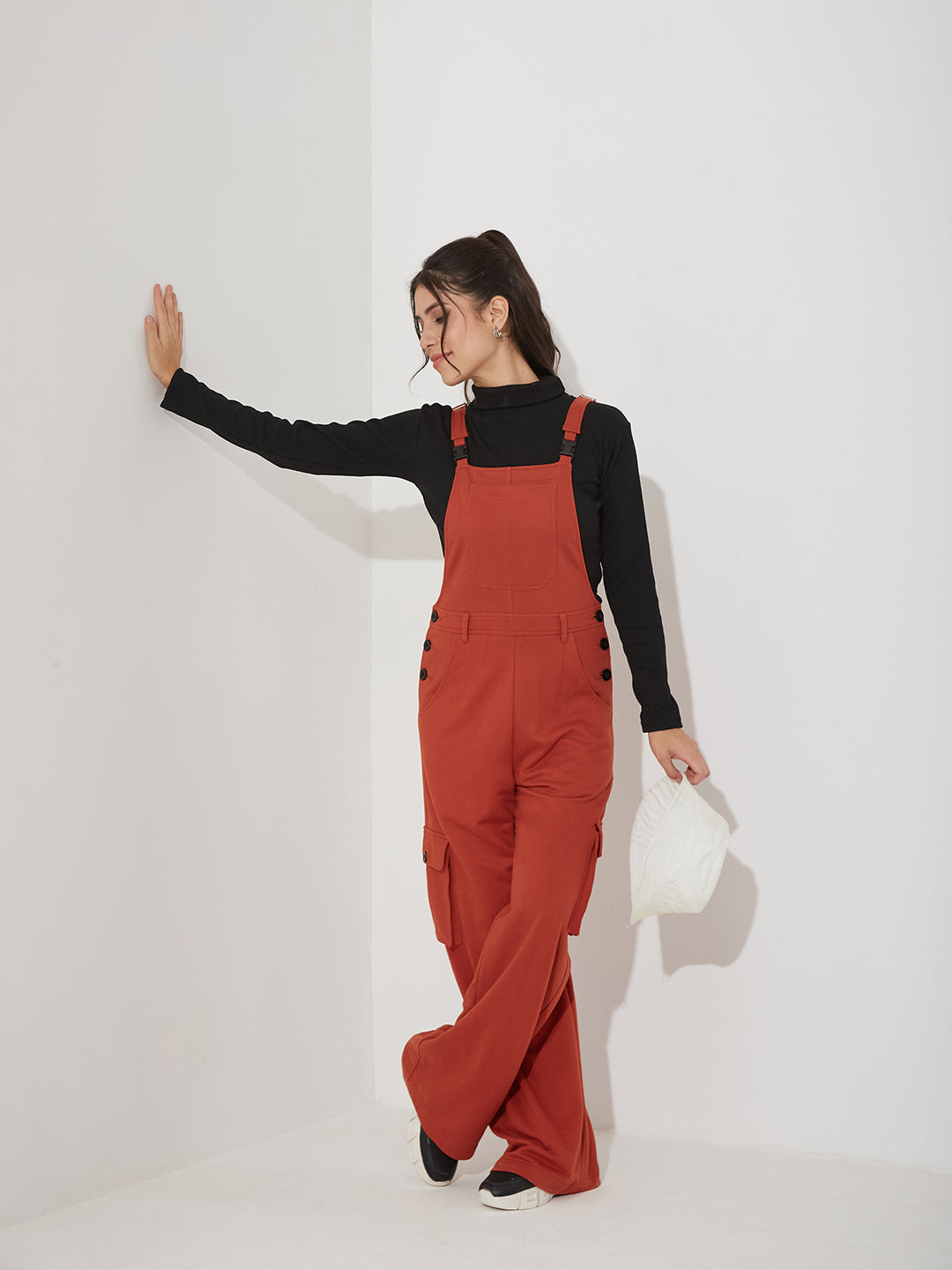 Rust Square Neck Sleeveless Solid Wide-Leg Full Length Cotton Dungaree for Women — Miss Chase
