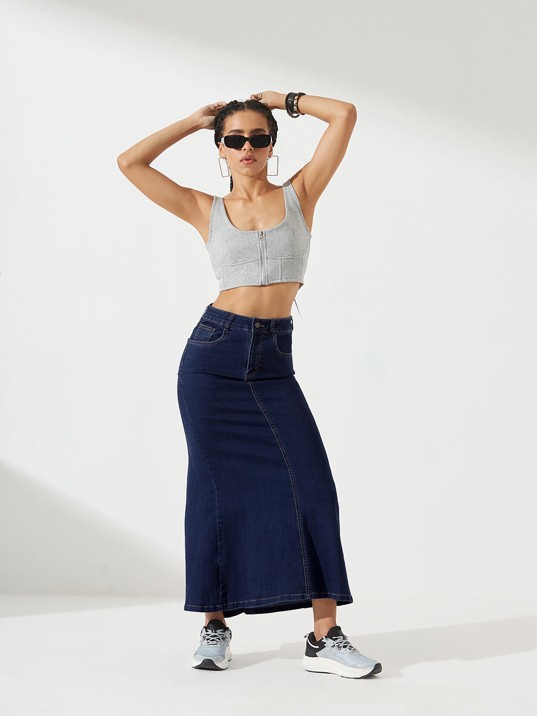 Dark Blue Flared High-Rise Clean-Look Stretchable Denim Maxi Skirt for Women
