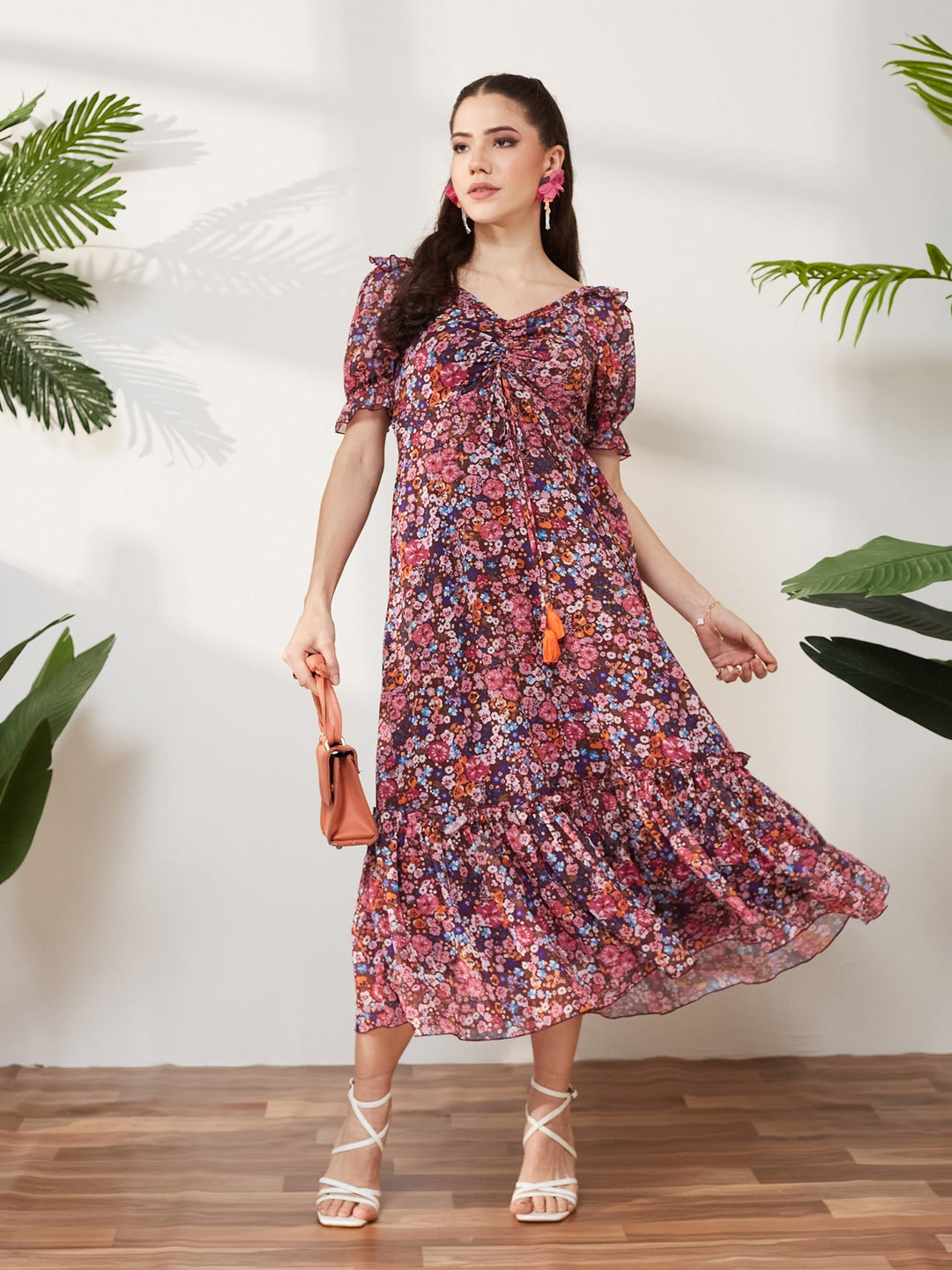Wine V-Neck Puff Sleeve Floral Ruching Ankle-Length Dress for Women