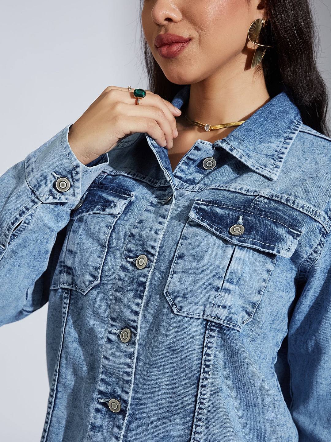Women's Light Blue Collared Full Sleeve Solid Embellished Regular Length Denim Jacket