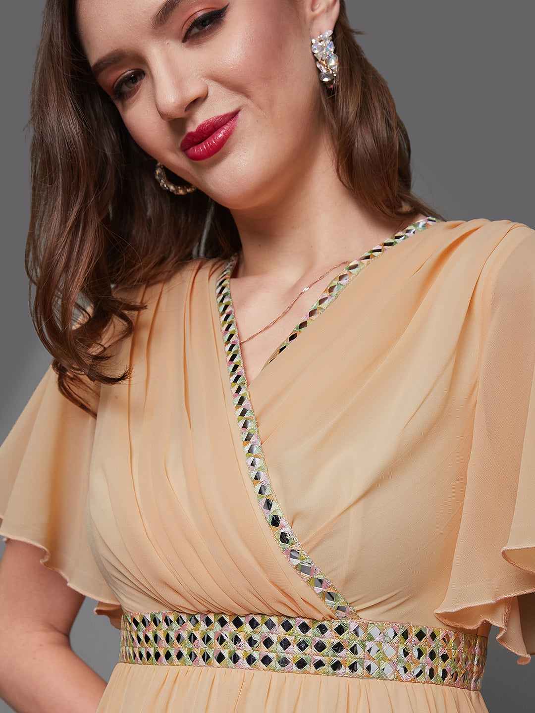 Women's Peach V-Neck Flared Georgette Solid Fit & Flare Maxi Dress