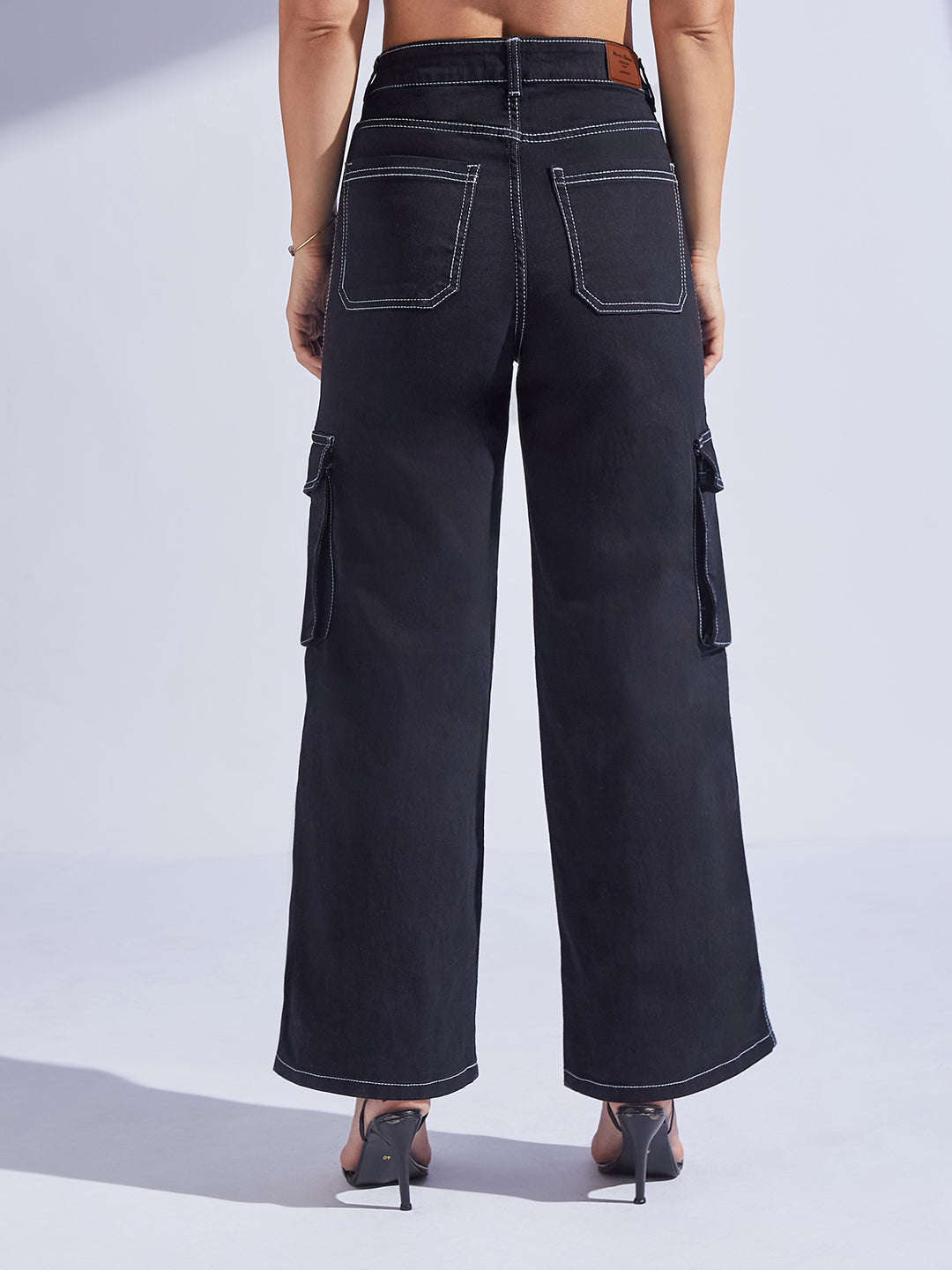Women's Black Wide-Leg High-Rise Clean-Look Regular-Length Stretchable Patch-Pocketed Denim Jeans