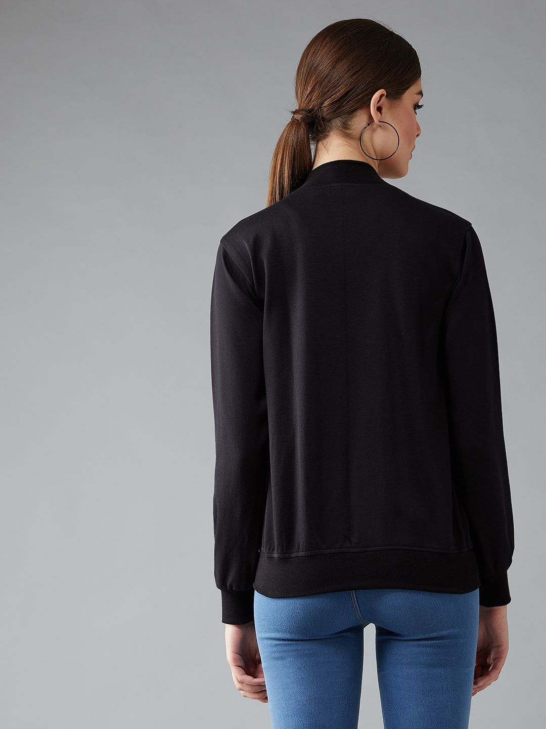 Women's Black Collared Full Sleeves Solid Bomber Regular Length Jacket