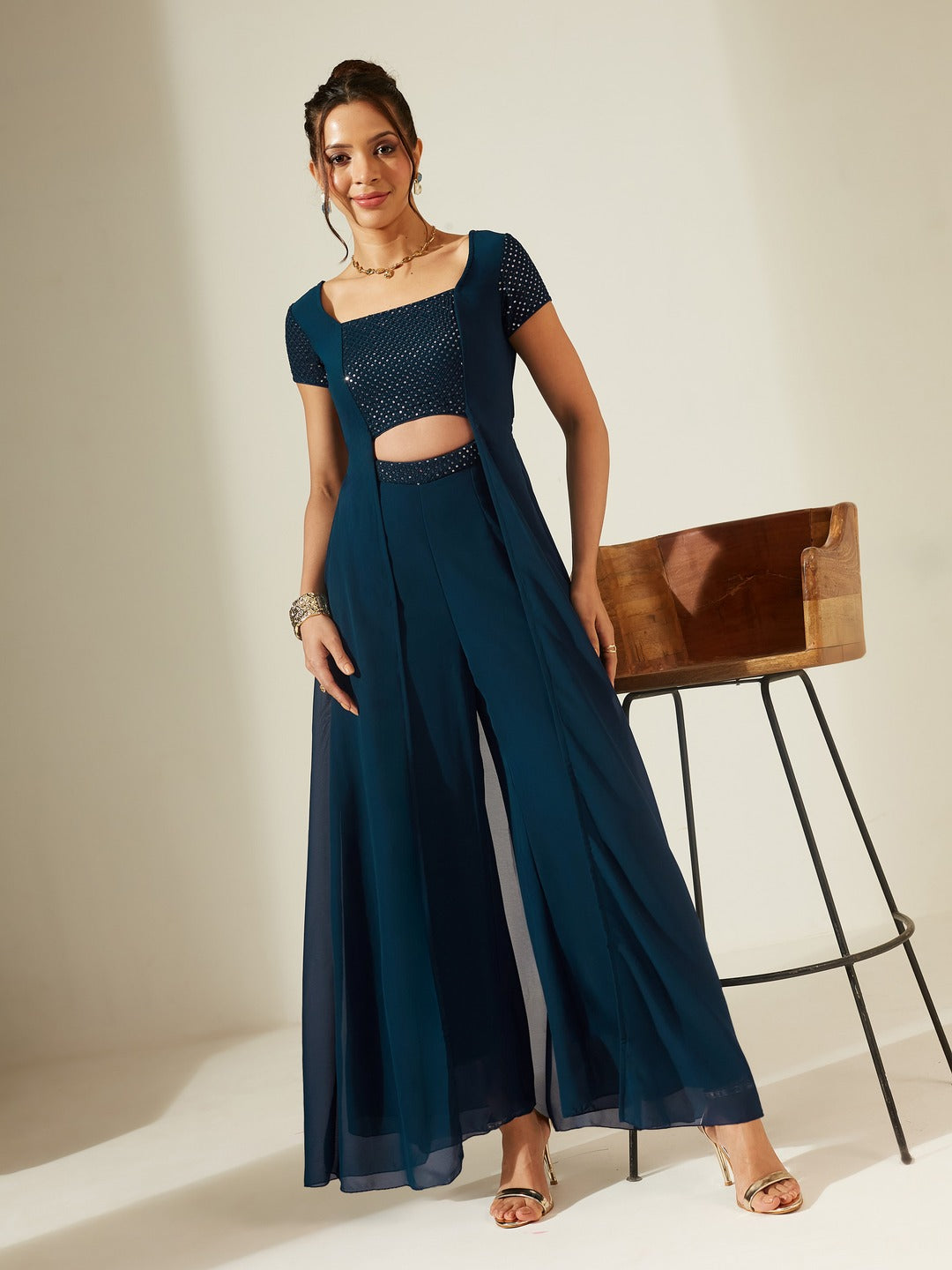 Teal Embellished Square Neck Short Sleeve Georgette Cut Out Relaxed Fit Regular Jumpsuit for Women