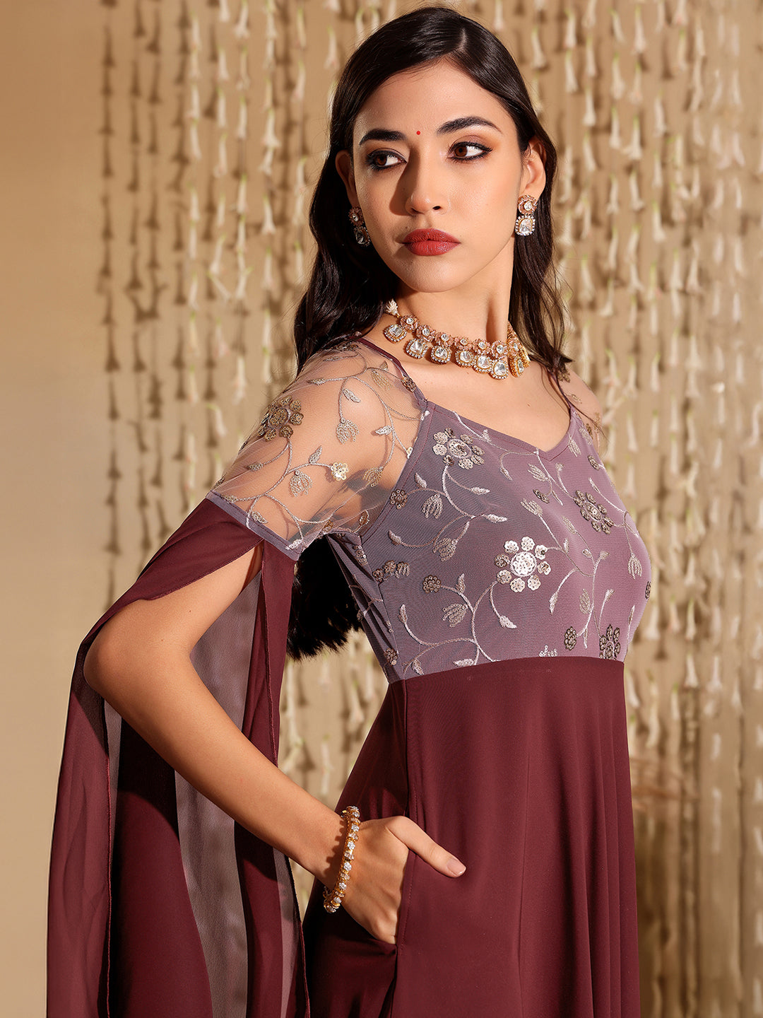 Women's Wine V-Neck Flared Long sleeve Embroidered Fit & Flare Maxi Dress