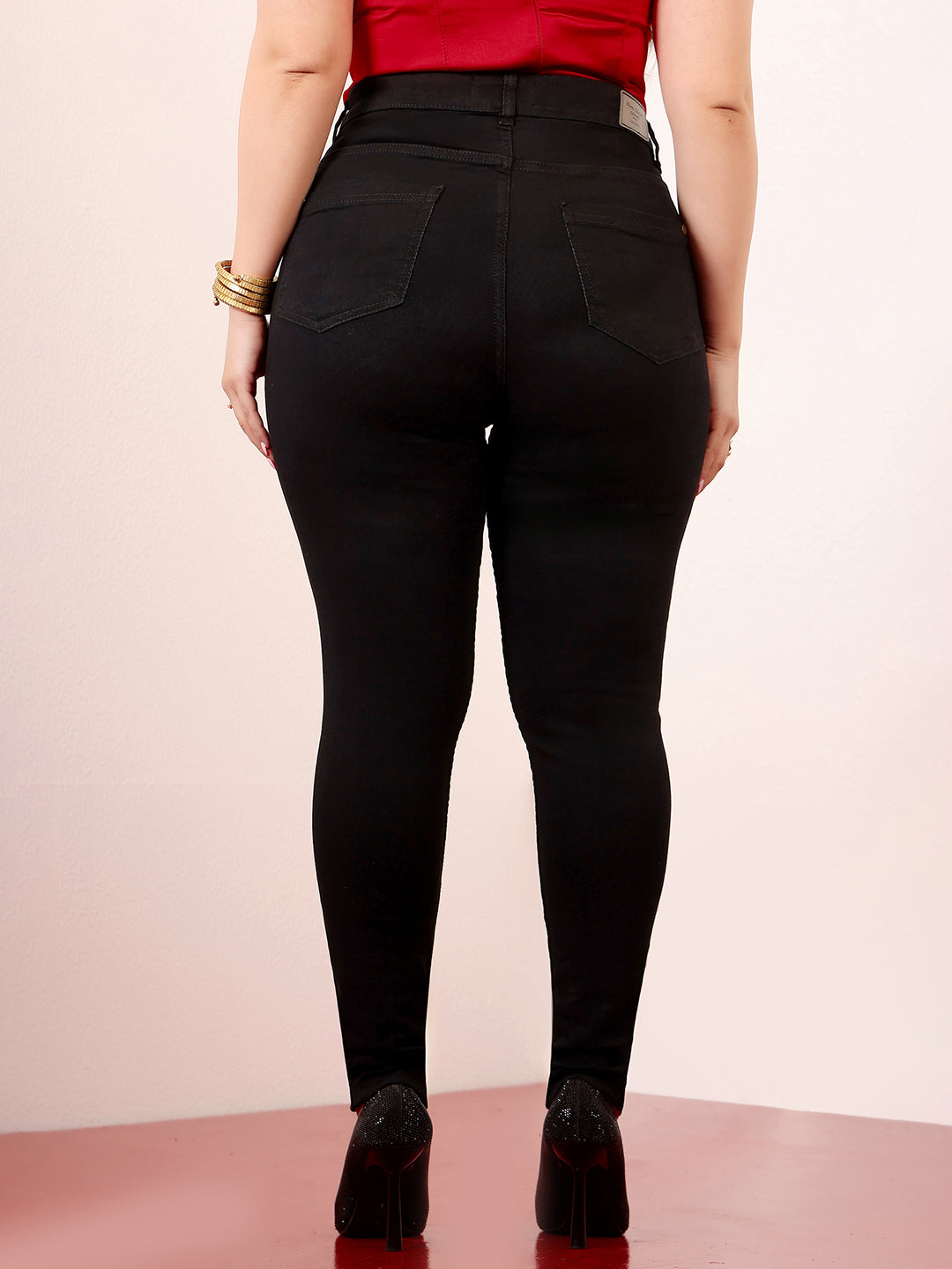 Women's Black Skinny Fit High-Rise Clean-Look Length Clean-Look Stretchable Denim Jeans