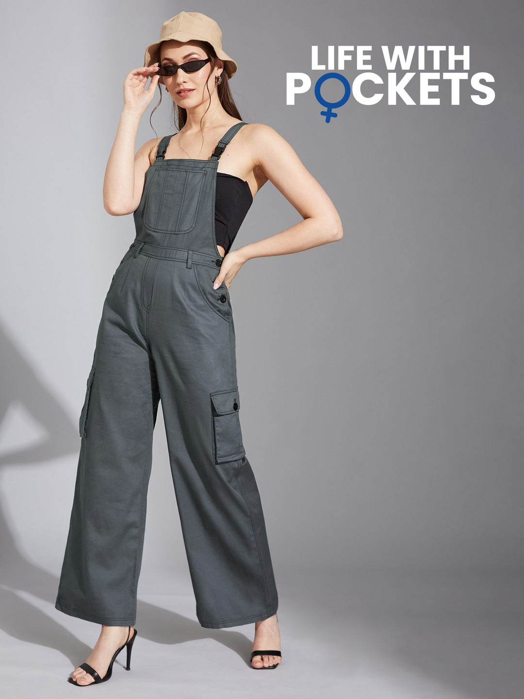Grey Square Neck Sleeveless Solid Wide-Leg Regular-Length Polyester Dungaree for Women