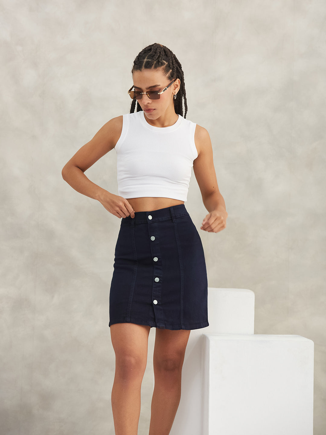 Women's Navy Blue Stretchable Solid A-line Mini Denim Skirt
