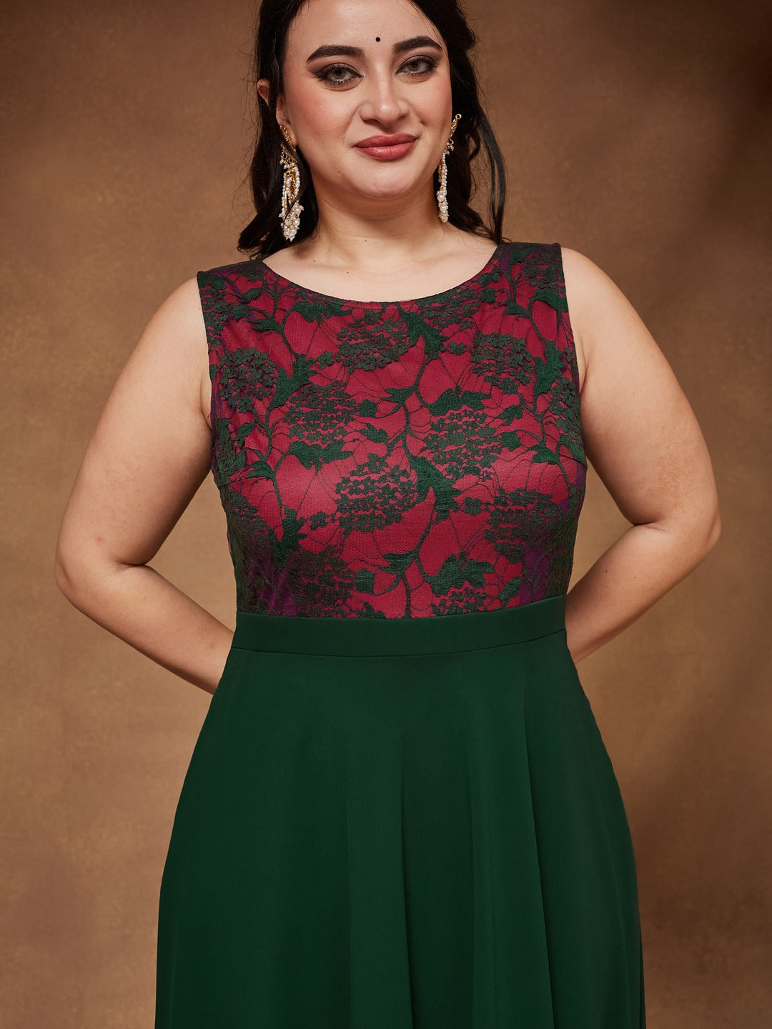 Dark Green Round Neck Sleeveless Georgette Floral Lace Fit & Flare Maxi Dress for Women — Miss Chase A+
