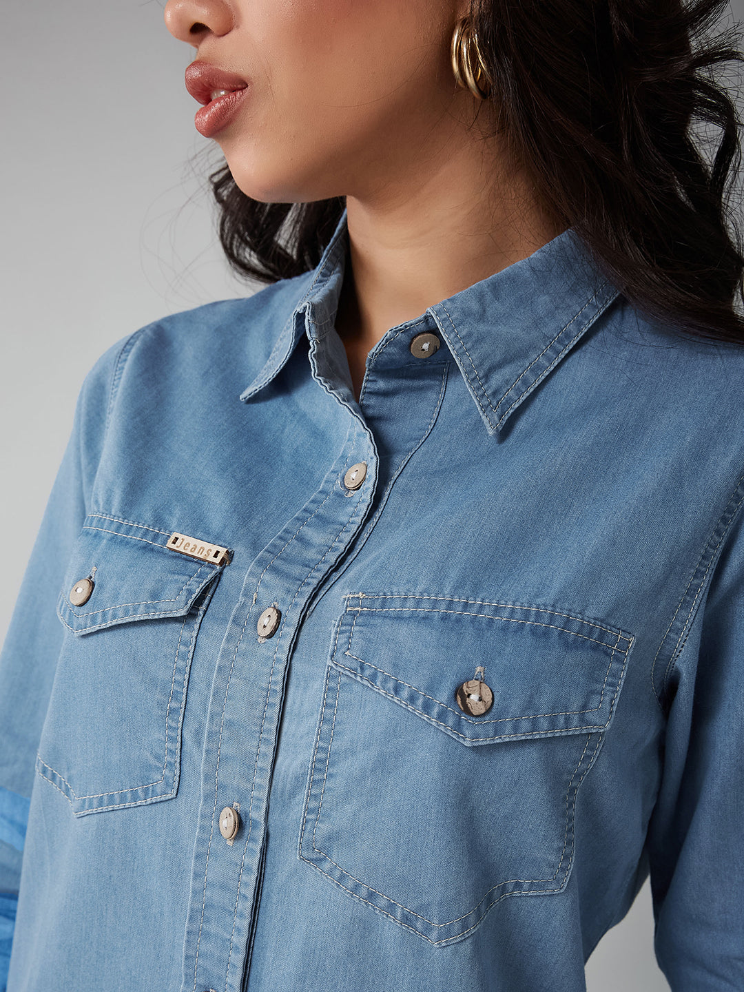 Women's Blue Relaxed Fit Clean Look Above Knee Denim Dress