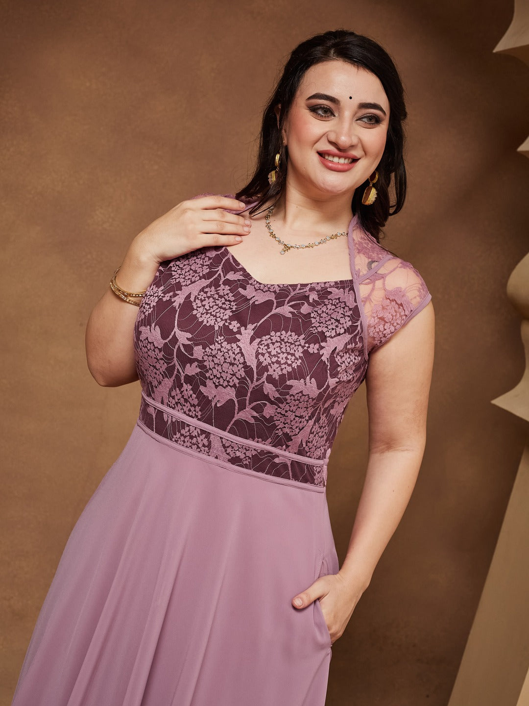 Lavender & Wine V-Neck Cap Sleeves Floral Lace Fit & Flare Maxi Dress for Women