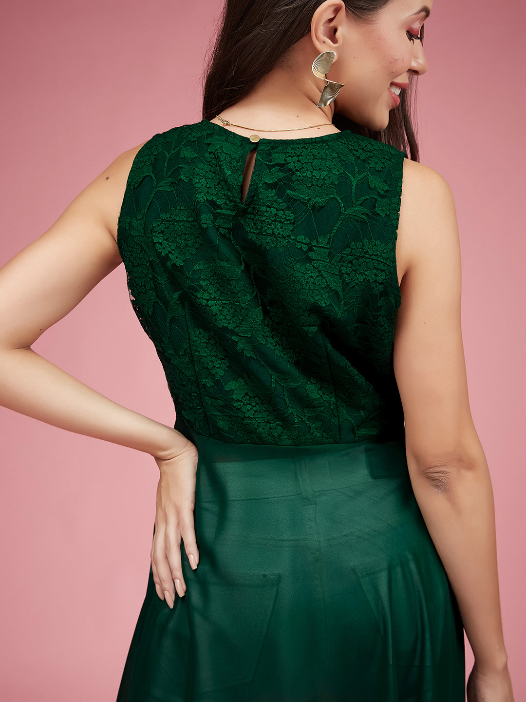 Women's Forest Green Round Neck Sleeveless Solid Lace Overlaid Maxi Top