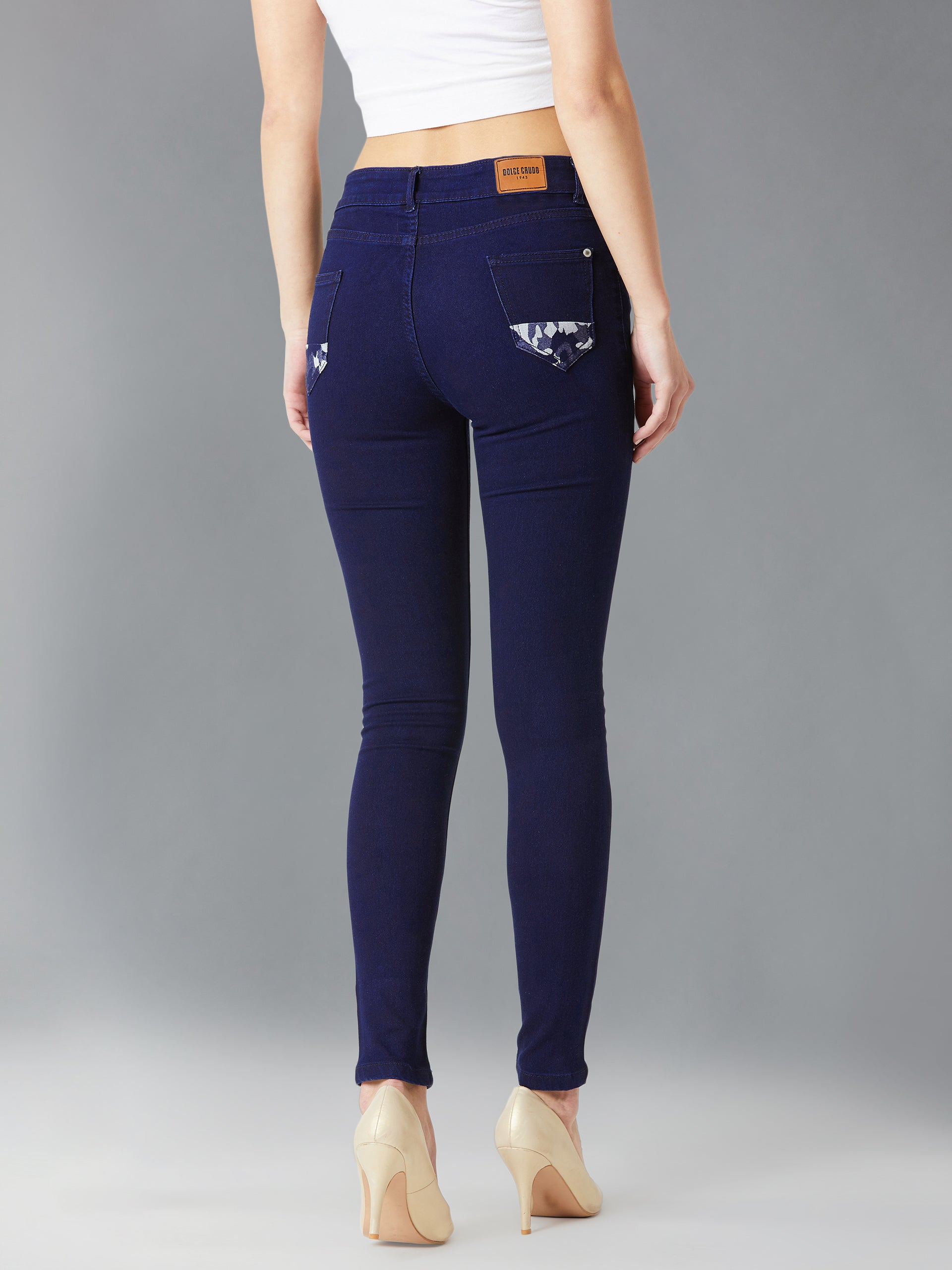 24/7 Comfort Navy-Blue Printed Fabric Detailing Skinny-Fit Mid-Rise Stretchable Denim Jeans