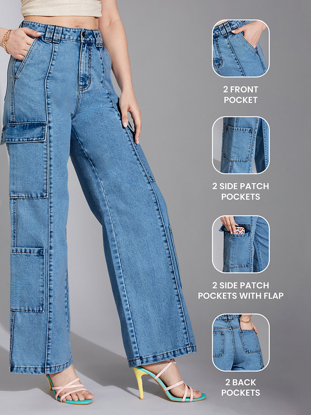 Women's Light Blue Wide-Leg High Rise Regular Denim Pant