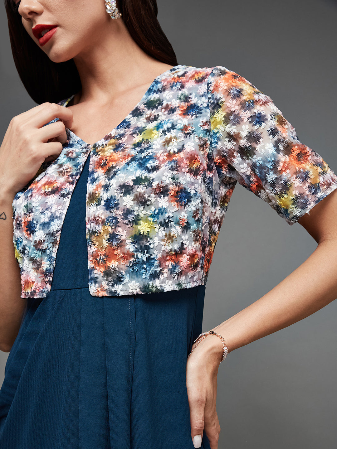 Teal Multicoloured Attached Short Sleeves Jacket Maxi Dress for Women | Mehendi to Sangeet Collection