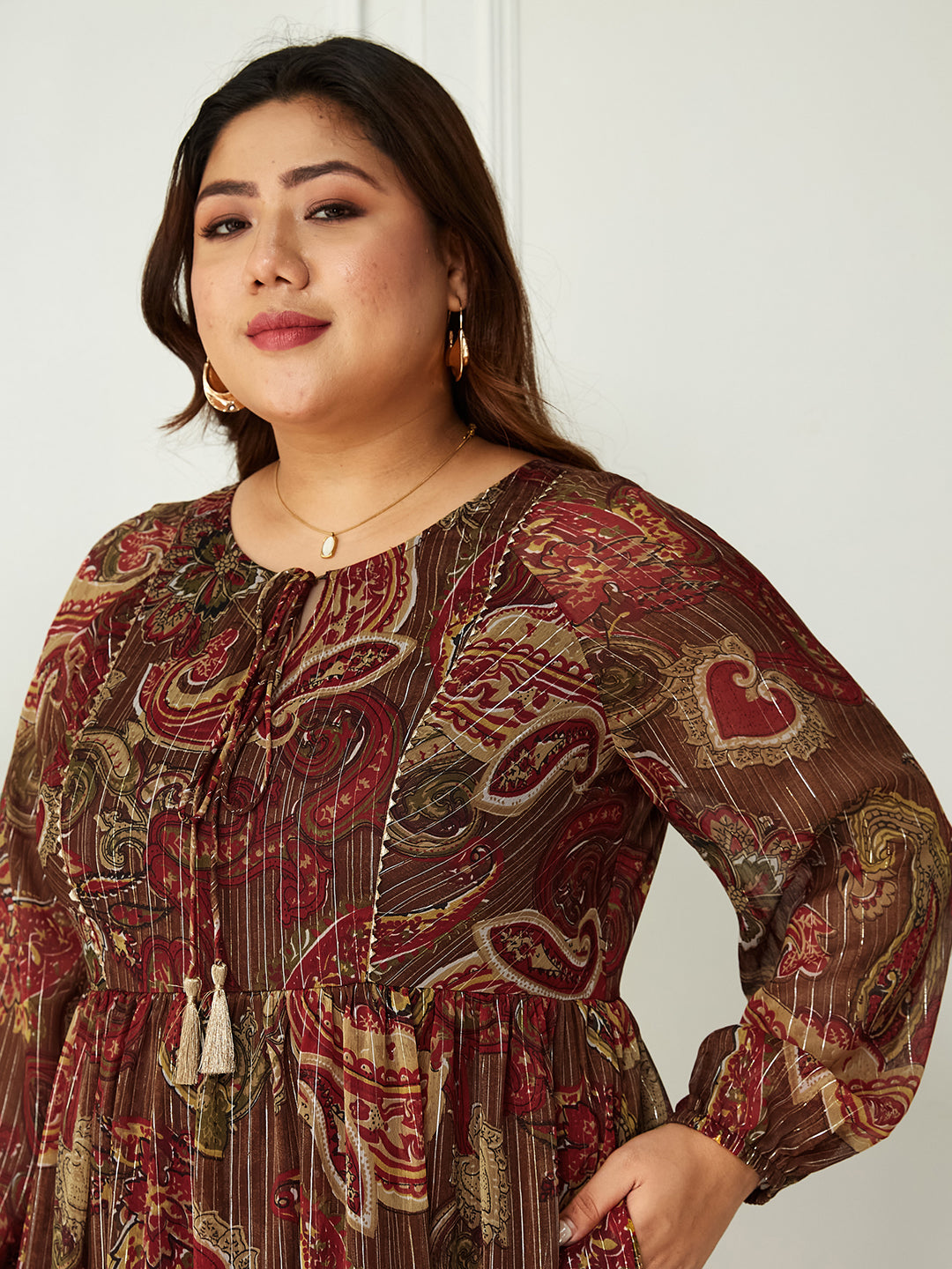 Multicolored-Base-Brown Relaxed Fit Maxi Lurex Chiffon Dress for Women