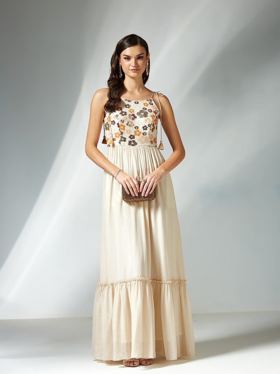 Cream Floral Printed Sleeveless Maxi Dress for Women